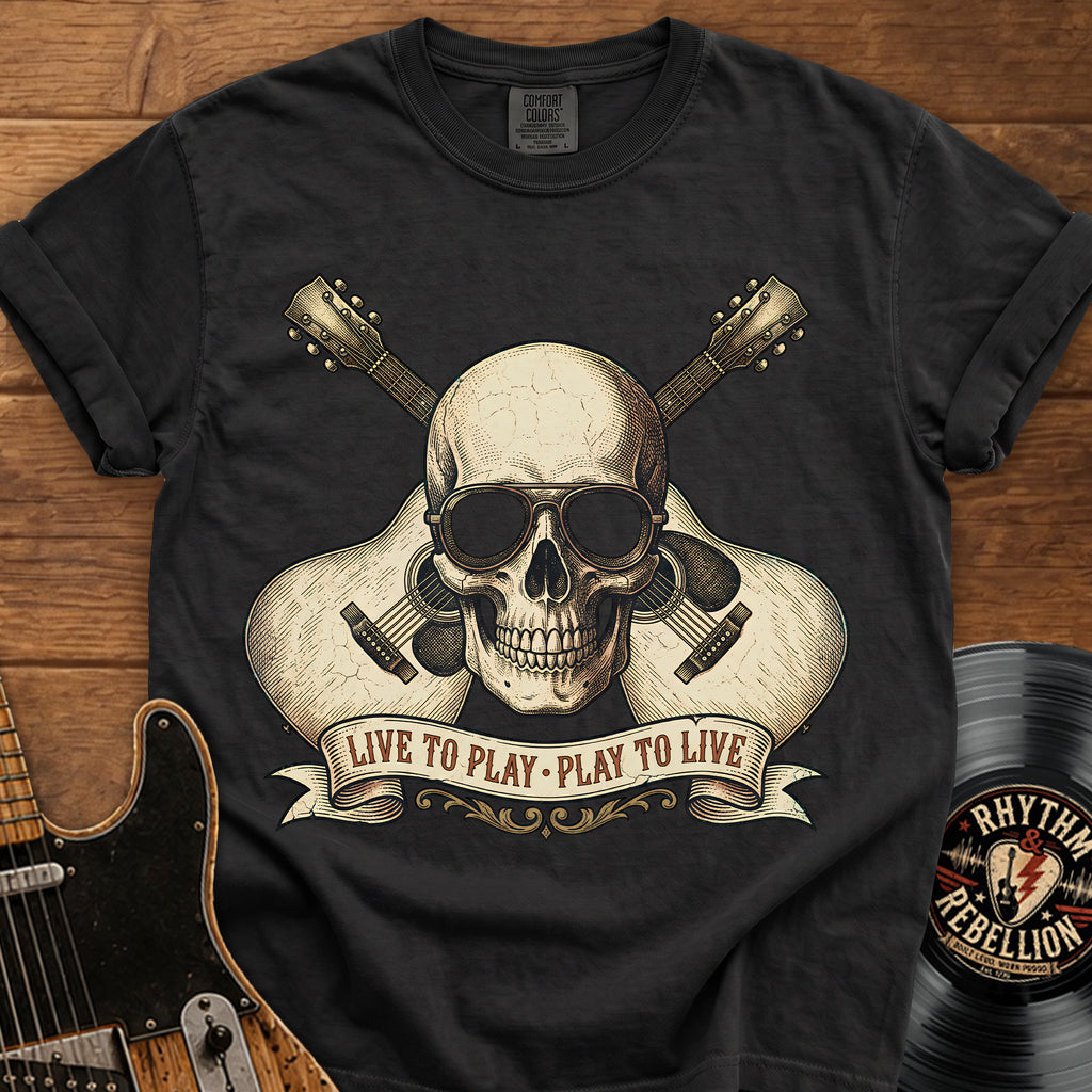 Guitar Skull T-Shirt — "Live to Play, Play to Live" Rock Music Tee