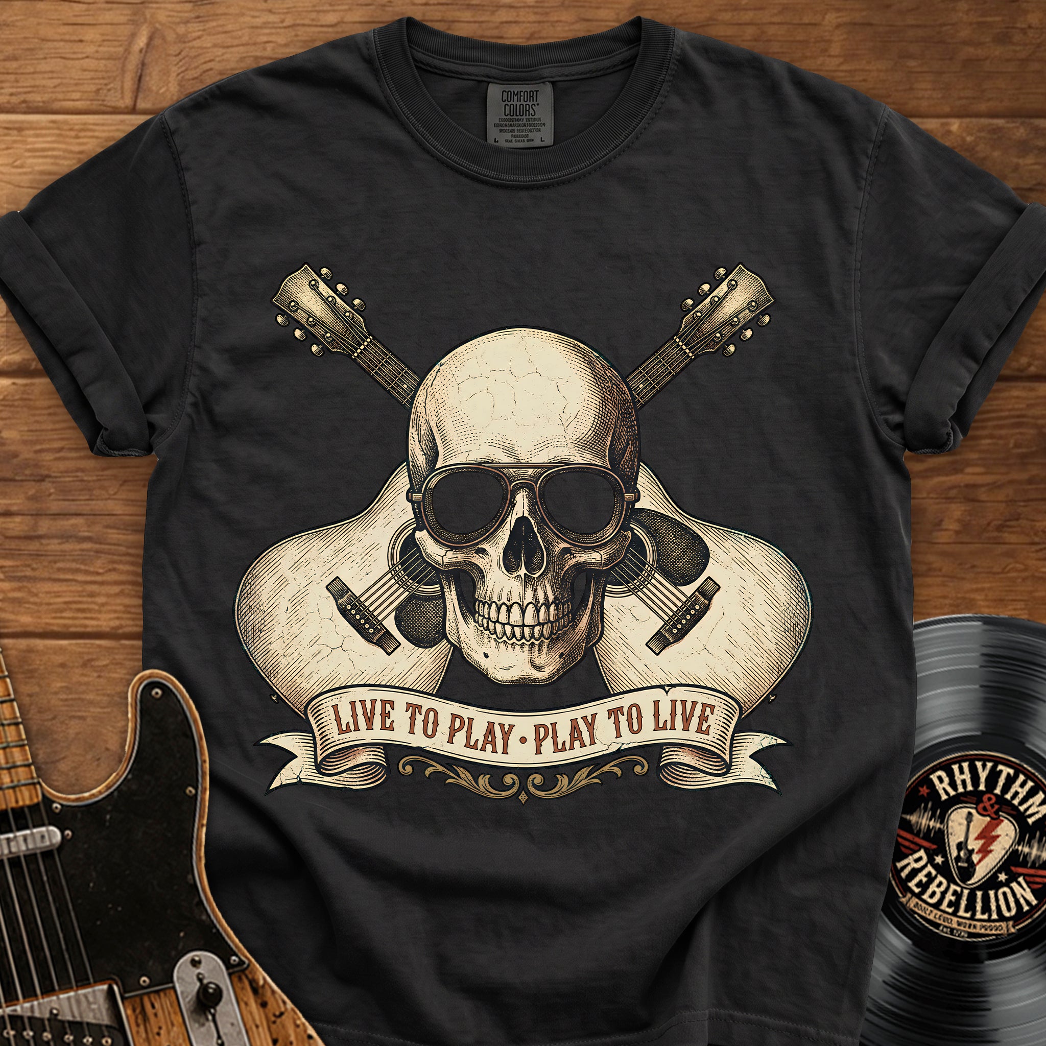 Guitar Skull T-Shirt — "Live to Play, Play to Live" Rock Music Tee
