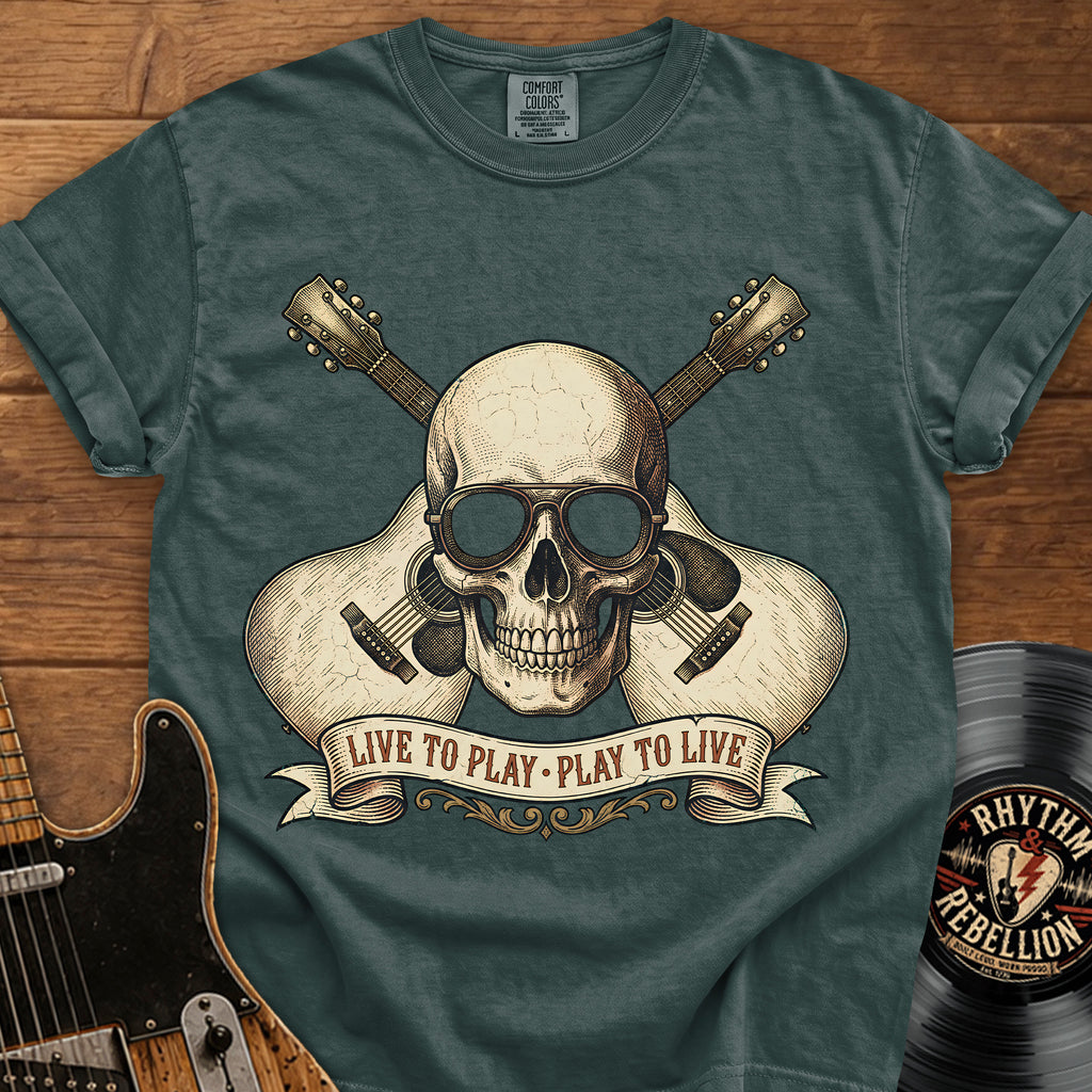 Guitar Skull T-Shirt — "Live to Play, Play to Live" Rock Music Tee