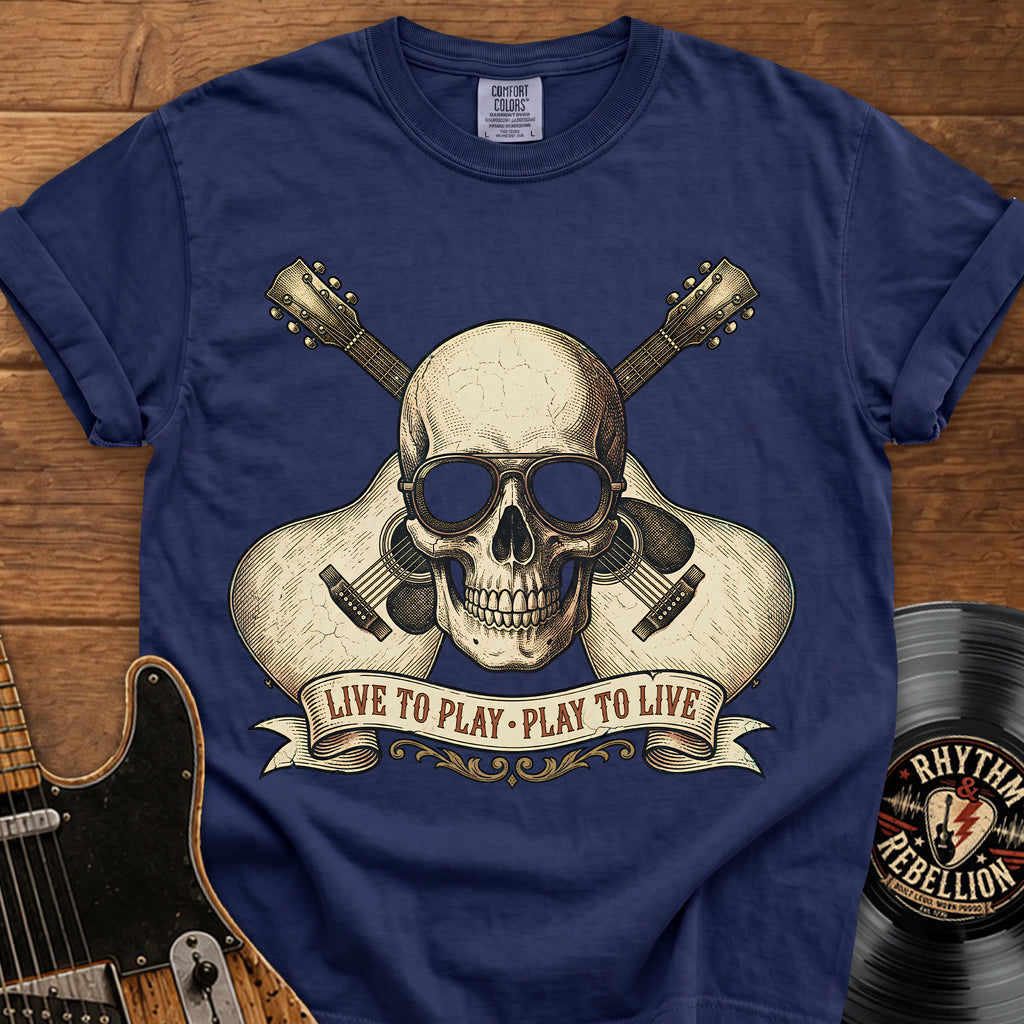Guitar Skull T-Shirt — "Live to Play, Play to Live" Rock Music Tee