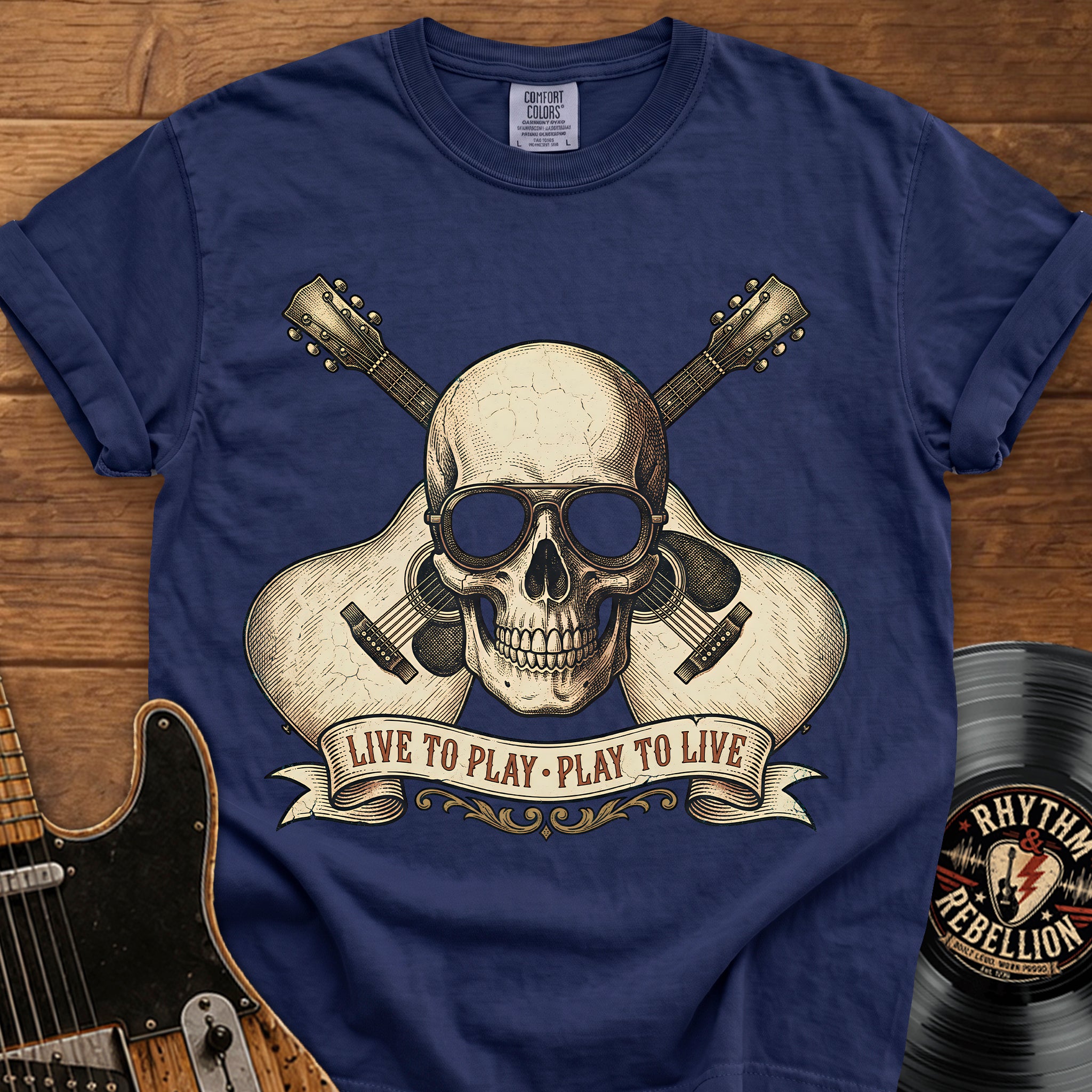 Guitar Skull T-Shirt — "Live to Play, Play to Live" Rock Music Tee