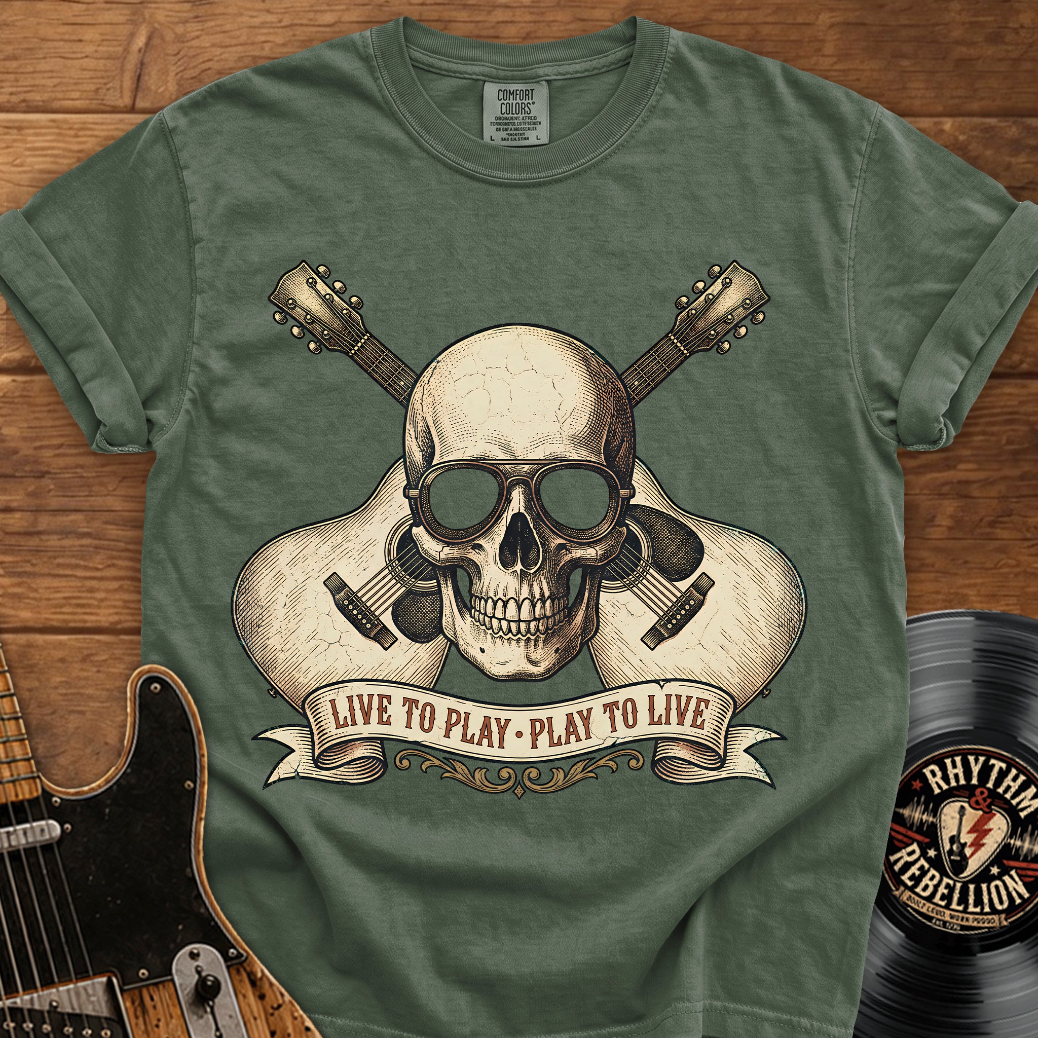 Guitar Skull T-Shirt — "Live to Play, Play to Live" Rock Music Tee