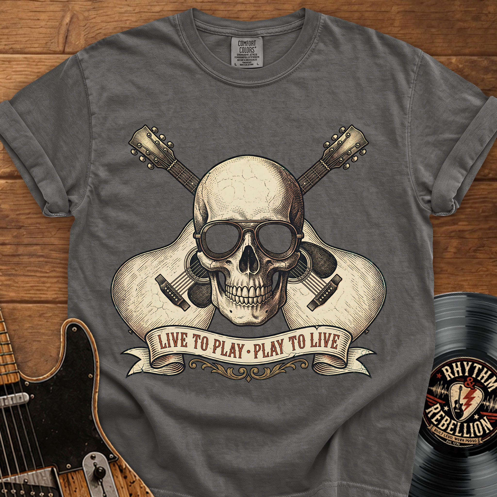 Guitar Skull T-Shirt — "Live to Play, Play to Live" Rock Music Tee