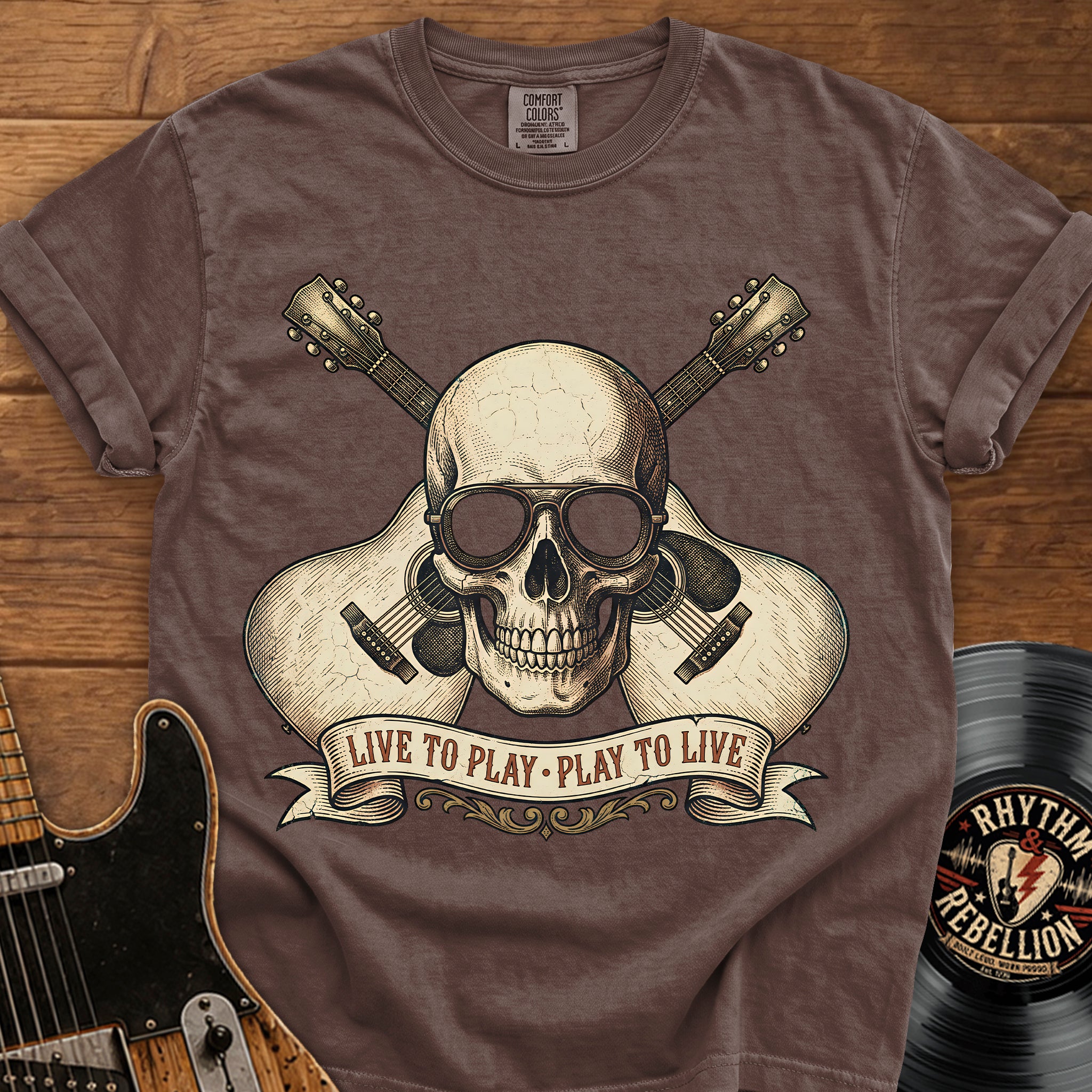 Guitar Skull T-Shirt — "Live to Play, Play to Live" Rock Music Tee