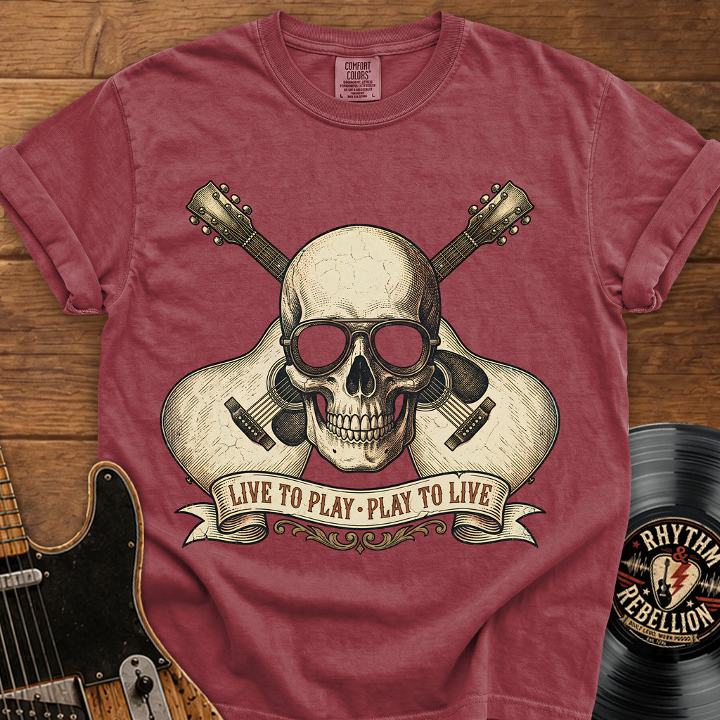Guitar Skull T-Shirt — "Live to Play, Play to Live" Rock Music Tee