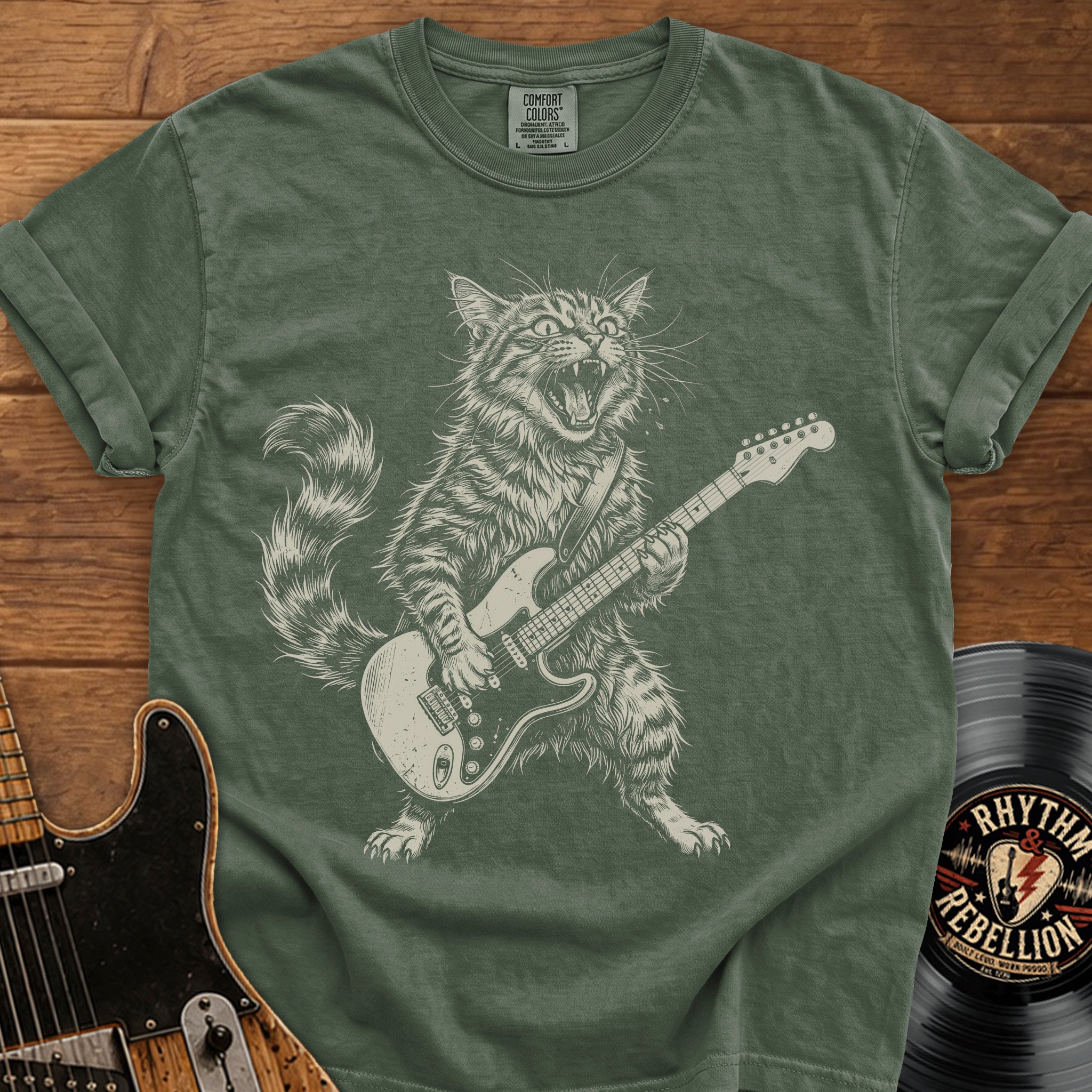 Guitar-Playing Cat T-Shirt — Vintage Rock Band Cat Graphic Tee