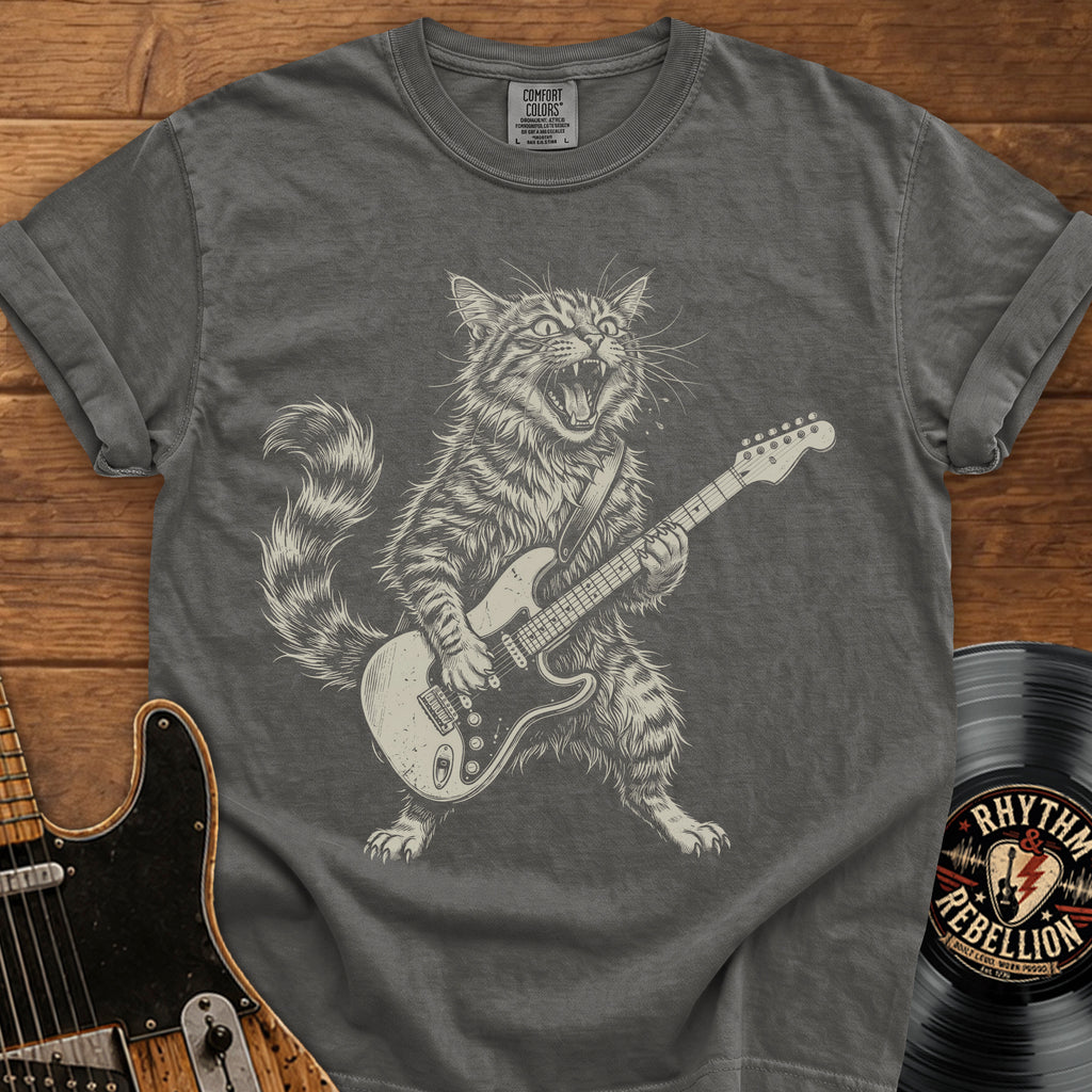 Guitar-Playing Cat T-Shirt — Vintage Rock Band Cat Graphic Tee