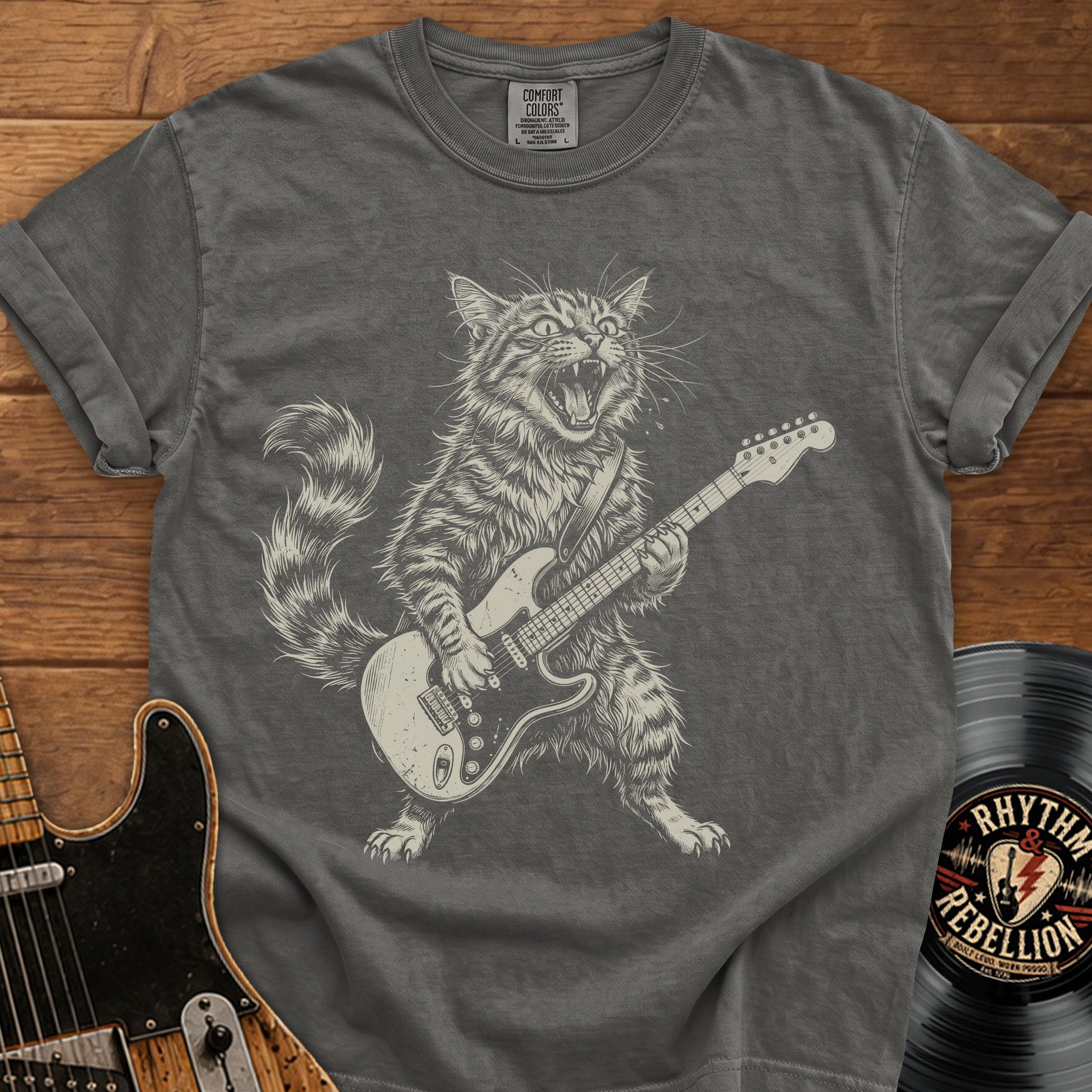 Guitar-Playing Cat T-Shirt — Vintage Rock Band Cat Graphic Tee
