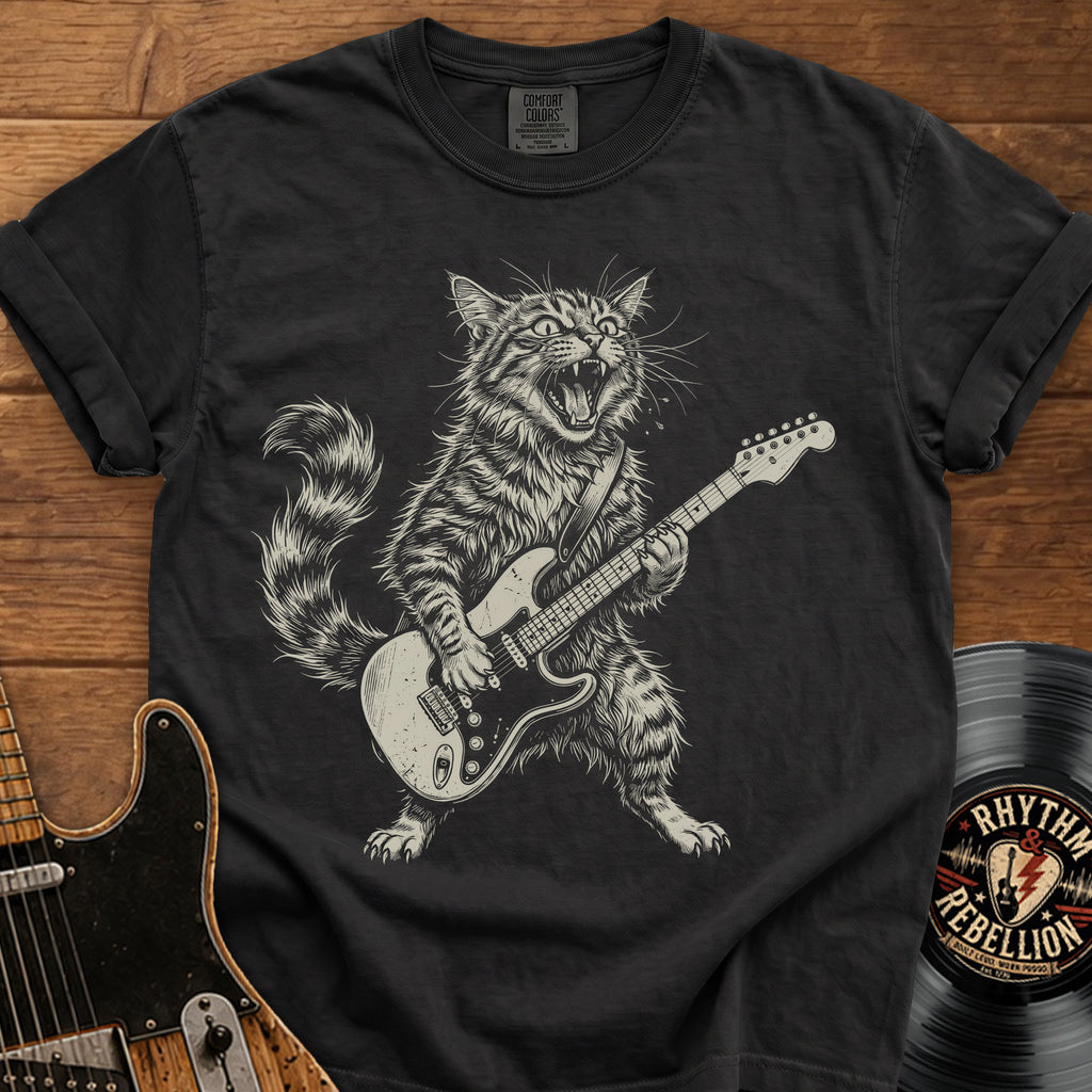 Guitar-Playing Cat T-Shirt — Vintage Rock Band Cat Graphic Tee