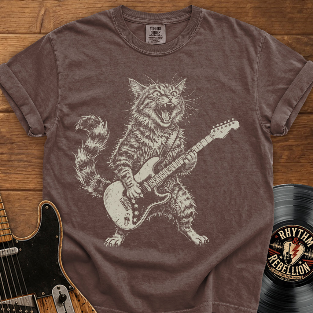 Guitar-Playing Cat T-Shirt — Vintage Rock Band Cat Graphic Tee