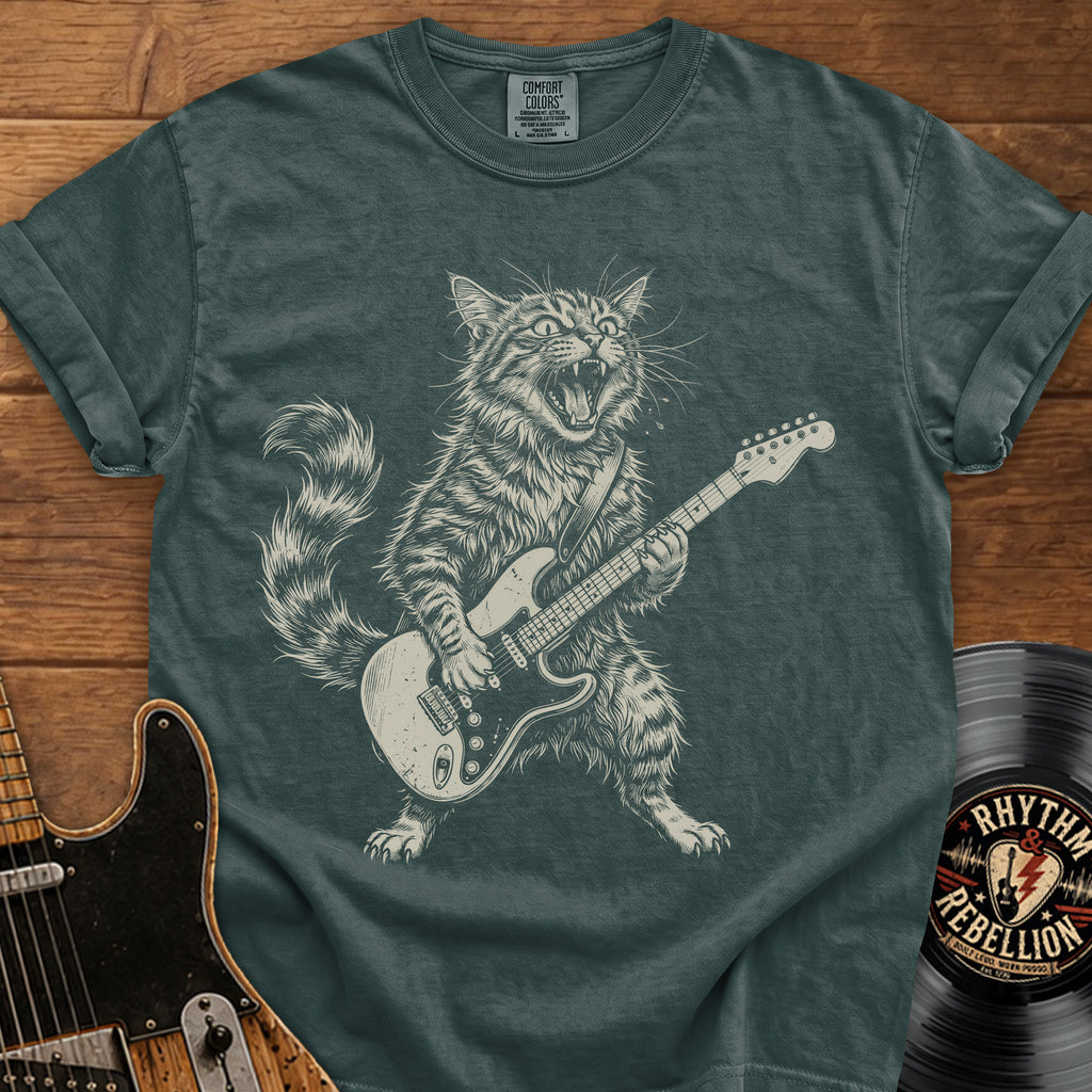 Guitar-Playing Cat T-Shirt — Vintage Rock Band Cat Graphic Tee