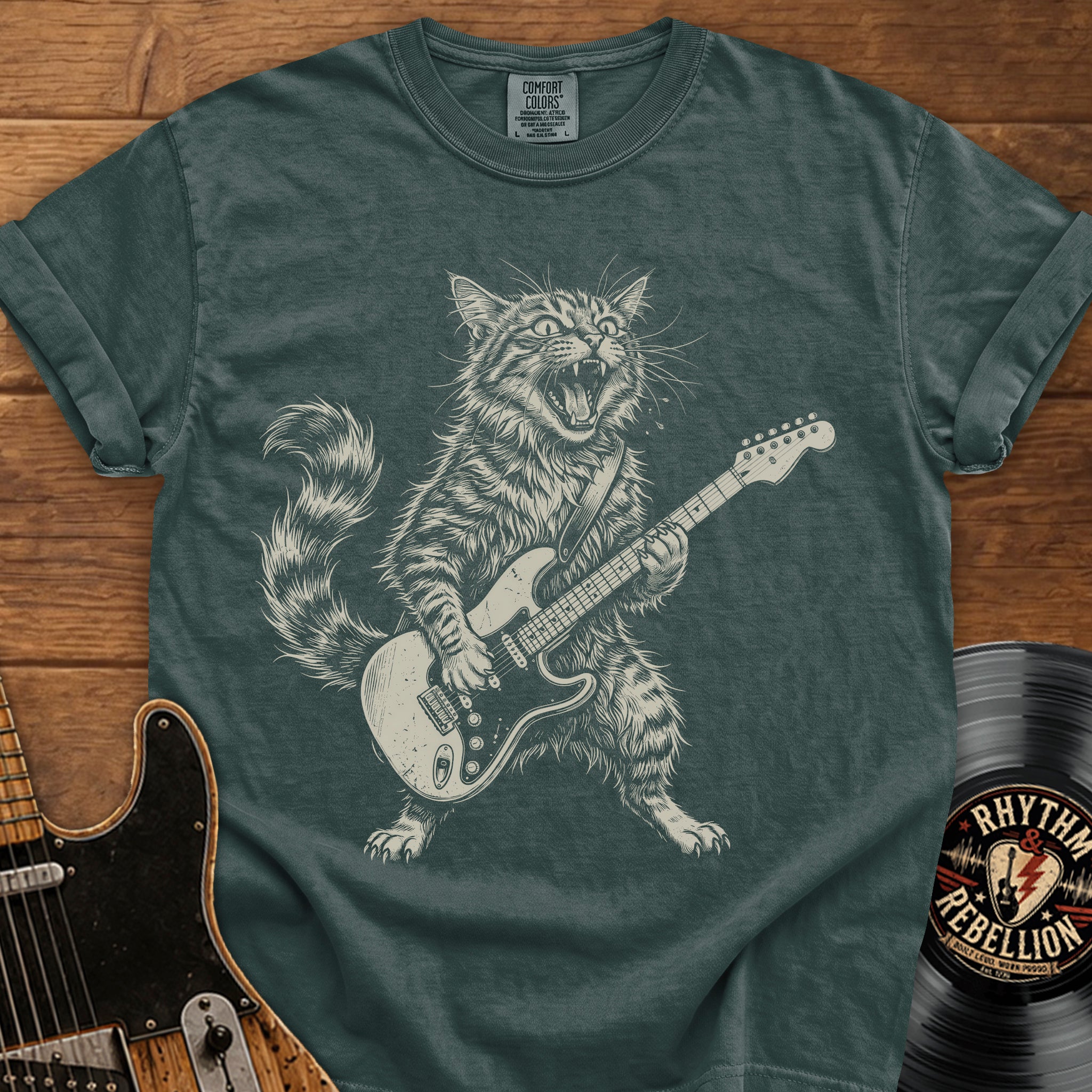 Guitar-Playing Cat T-Shirt — Vintage Rock Band Cat Graphic Tee