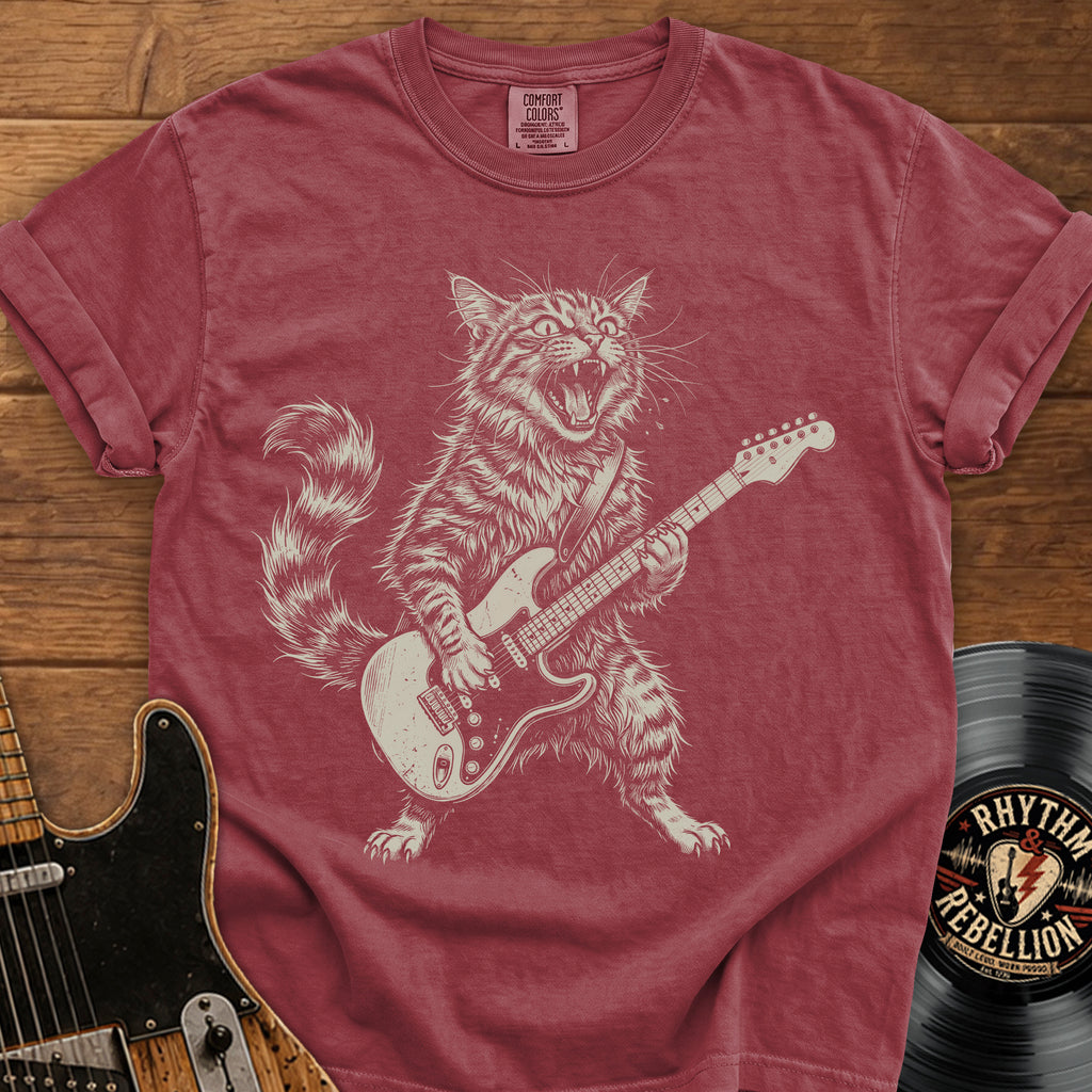 Guitar-Playing Cat T-Shirt — Vintage Rock Band Cat Graphic Tee