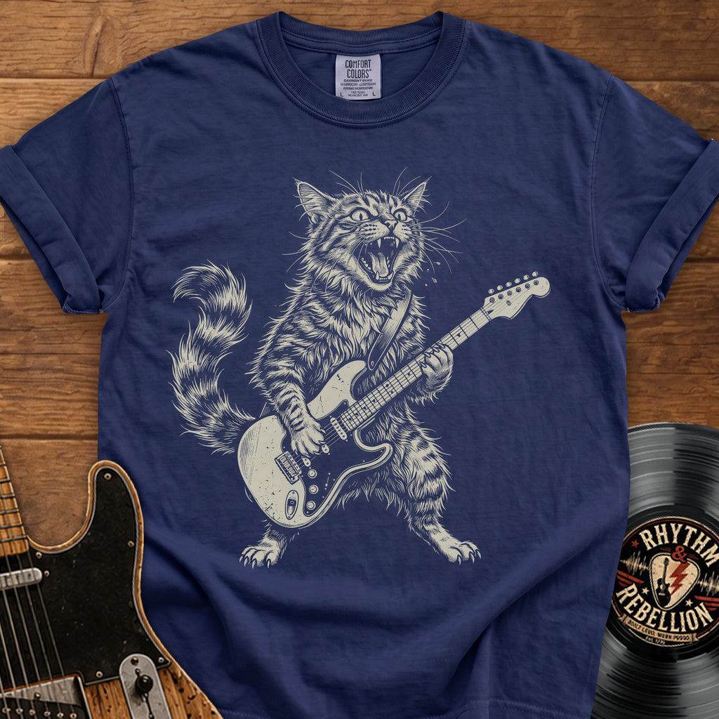 Guitar-Playing Cat T-Shirt — Vintage Rock Band Cat Graphic Tee