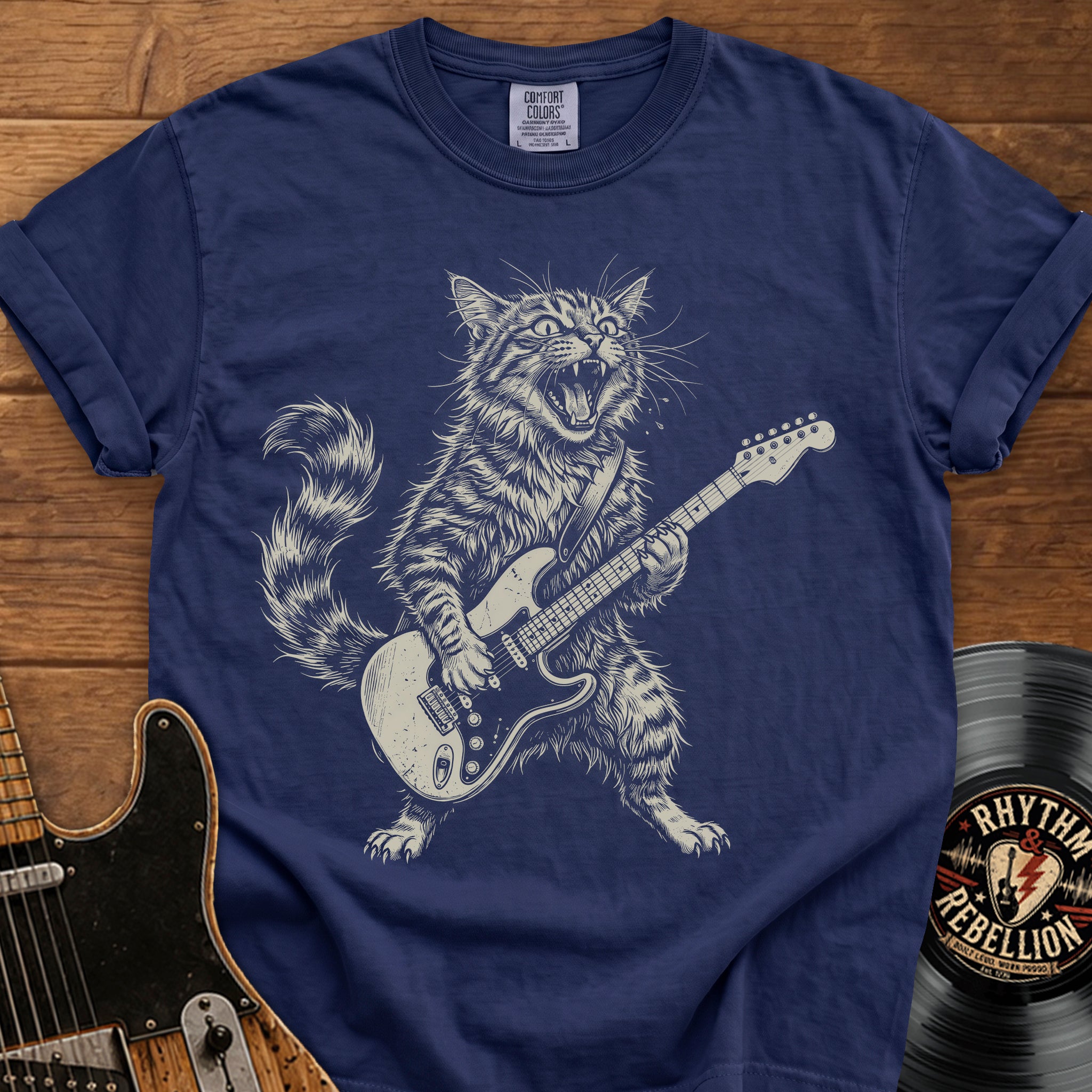 Guitar-Playing Cat T-Shirt — Vintage Rock Band Cat Graphic Tee