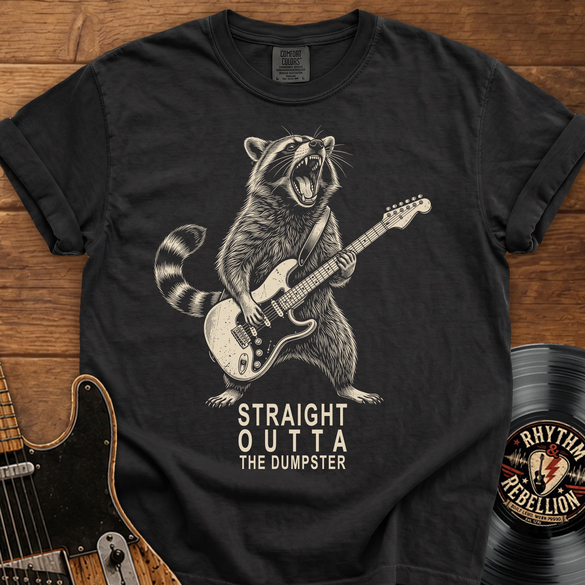 Raccoon Guitar T-Shirt — "Straight Outta the Dumpster"