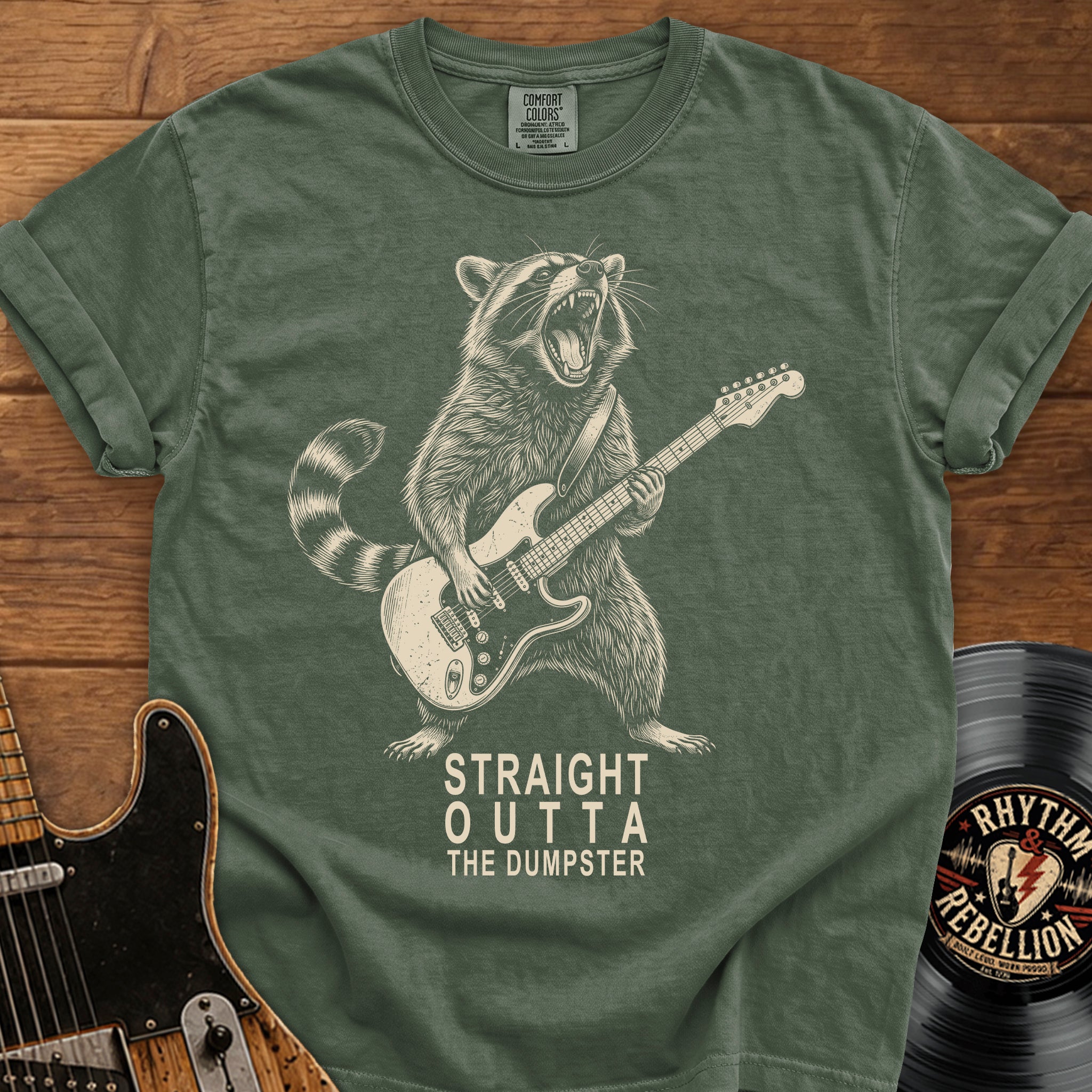 Raccoon Guitar T-Shirt — "Straight Outta the Dumpster"