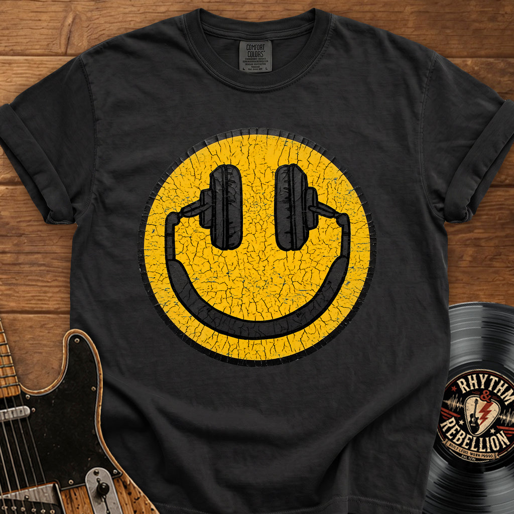 Smiley Headphones T-Shirt — Vintage Cracked Yellow DJ Smile Tee
