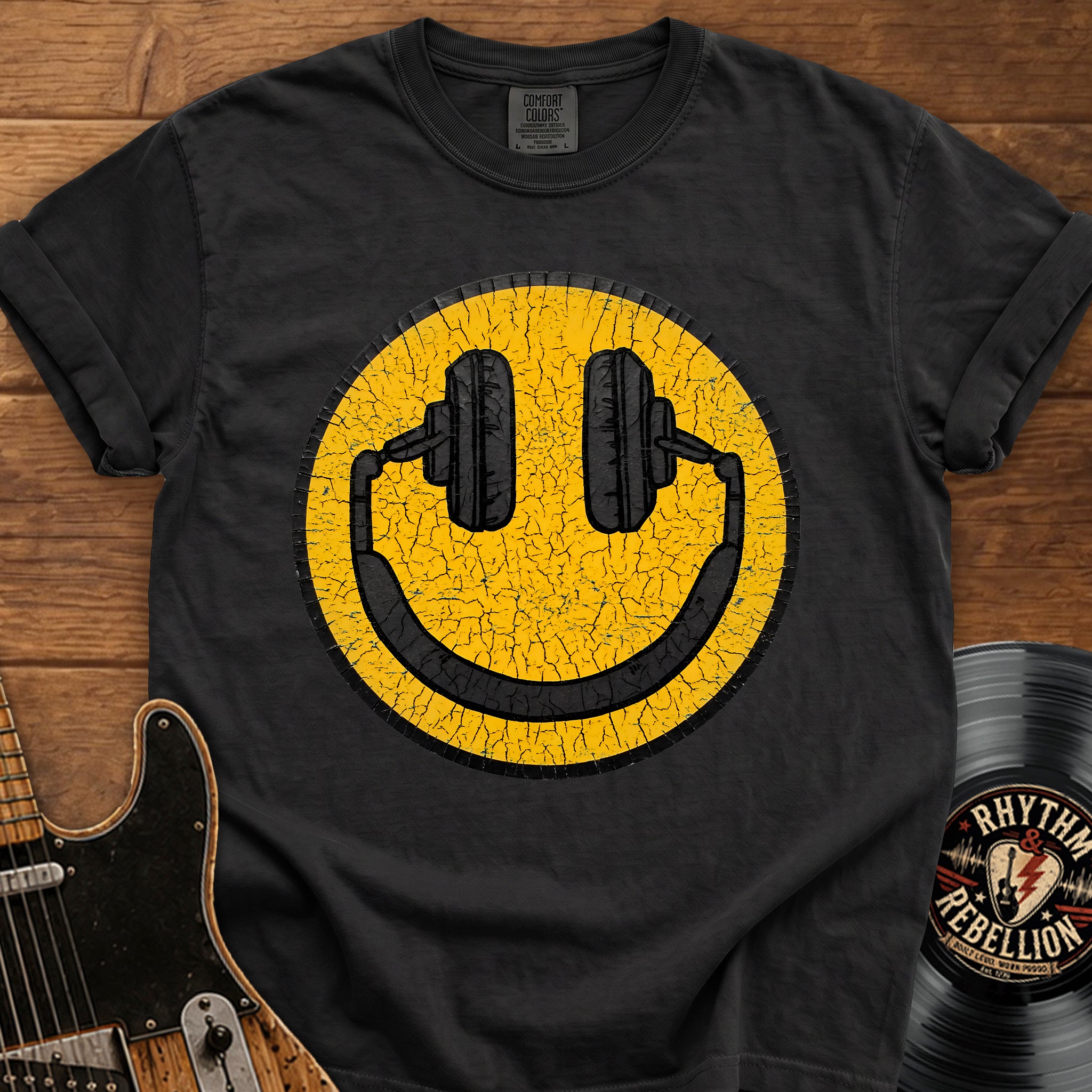 Smiley Headphones T-Shirt — Vintage Cracked Yellow DJ Smile Tee