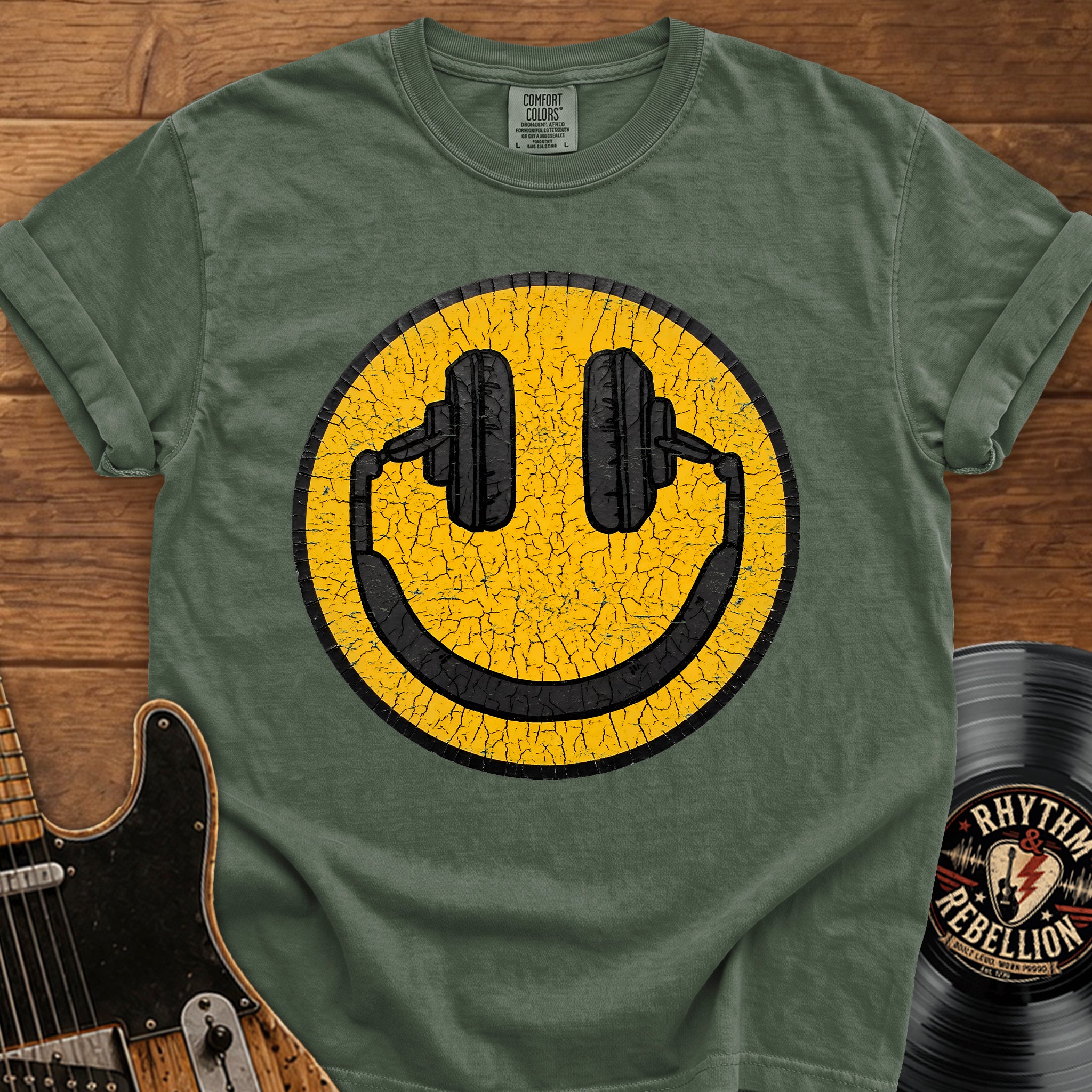 Smiley Headphones T-Shirt — Vintage Cracked Yellow DJ Smile Tee