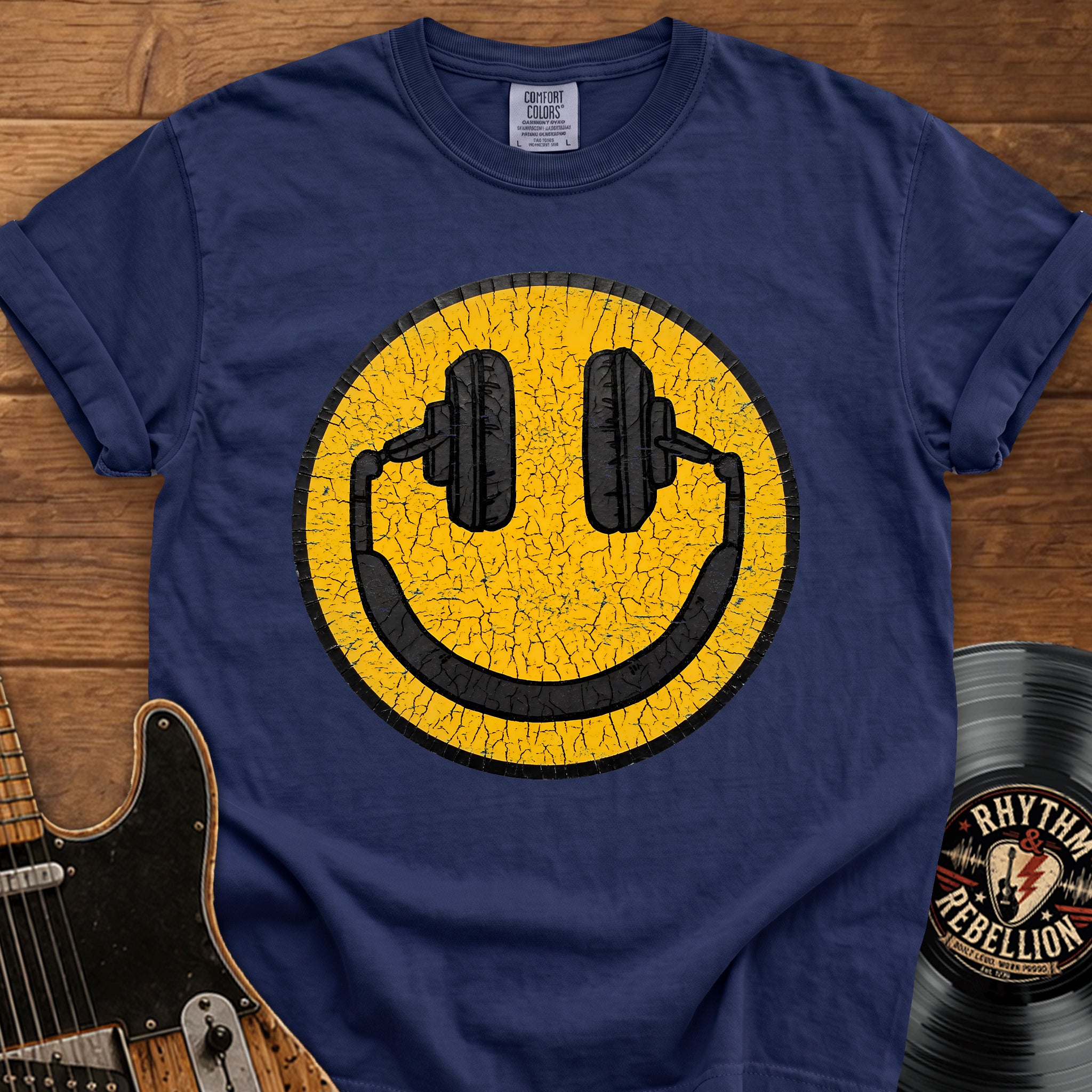 Smiley Headphones T-Shirt — Vintage Cracked Yellow DJ Smile Tee