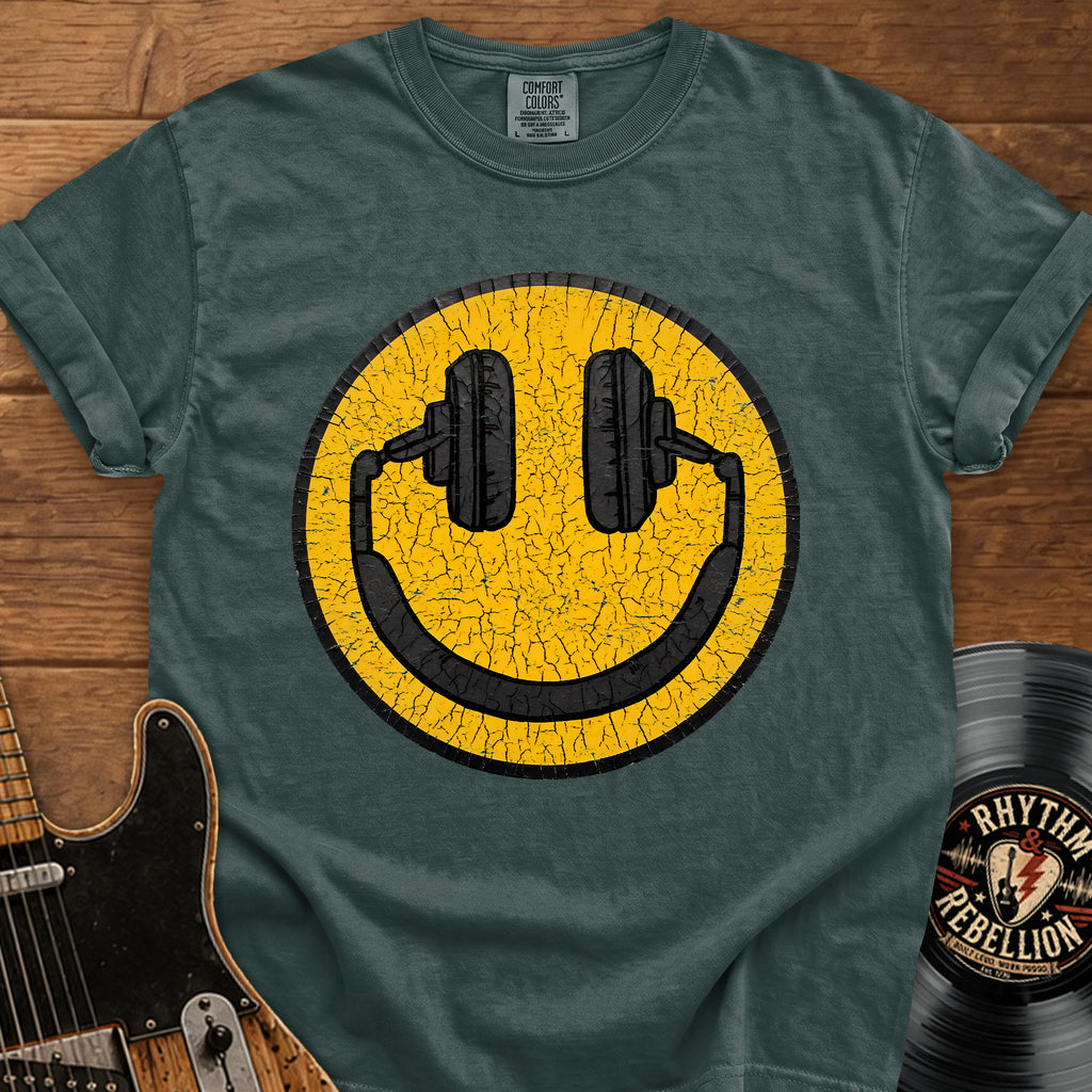 Smiley Headphones T-Shirt — Vintage Cracked Yellow DJ Smile Tee