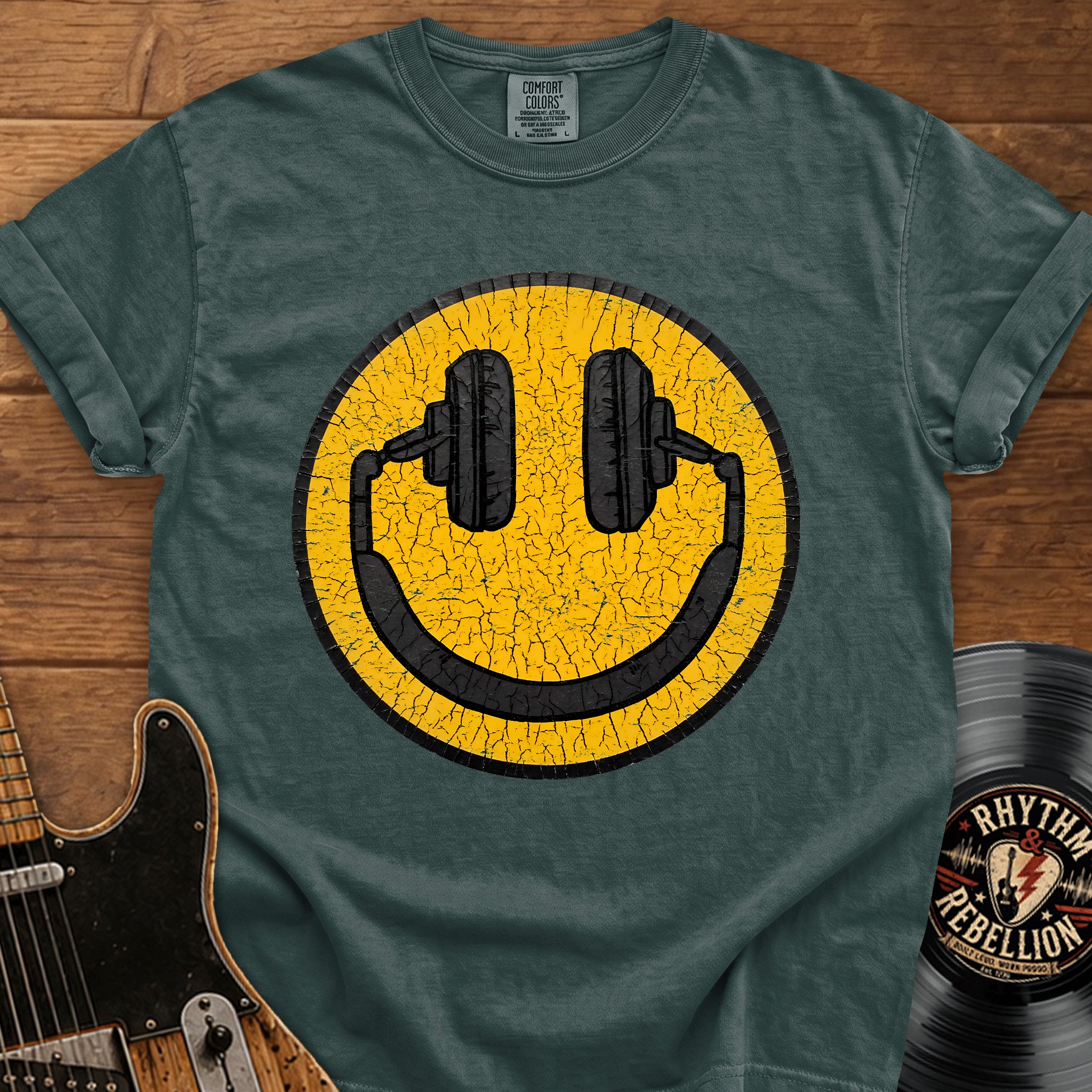 Smiley Headphones T-Shirt — Vintage Cracked Yellow DJ Smile Tee