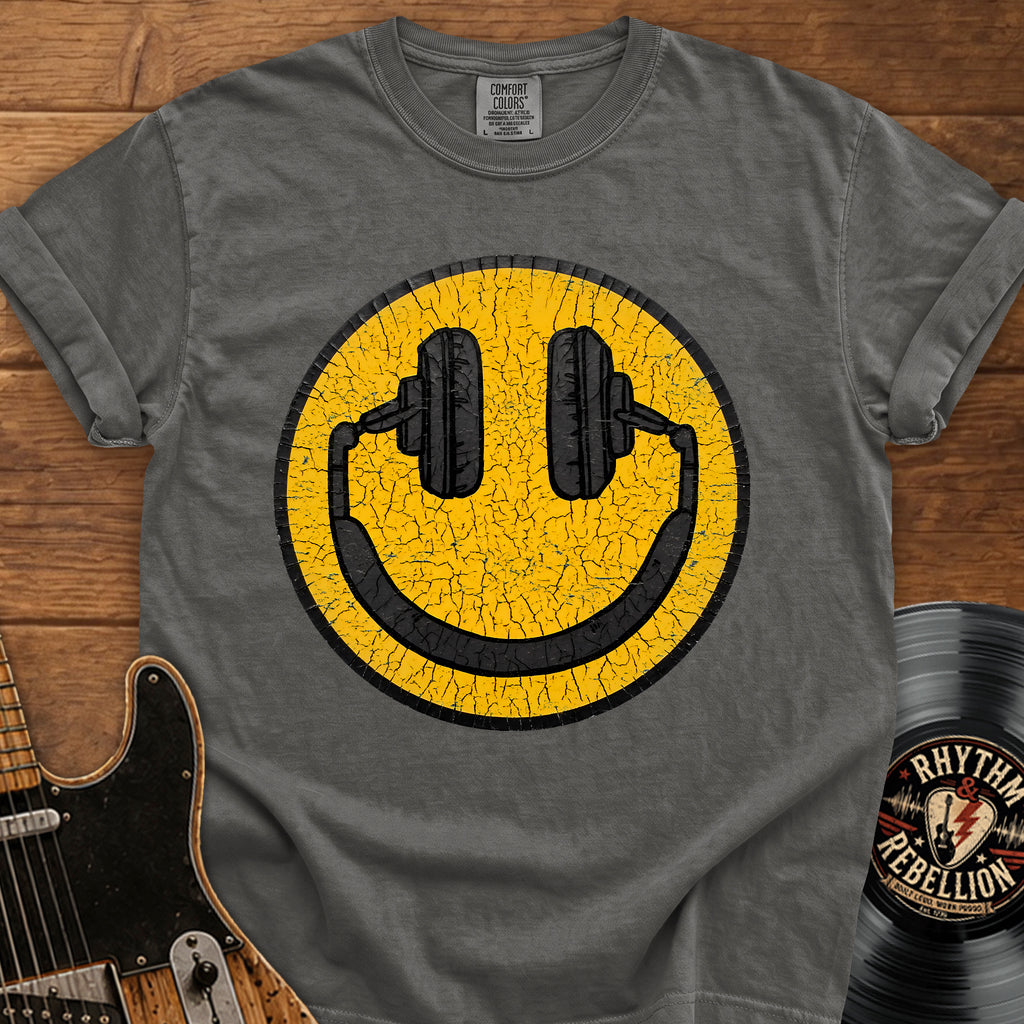 Smiley Headphones T-Shirt — Vintage Cracked Yellow DJ Smile Tee