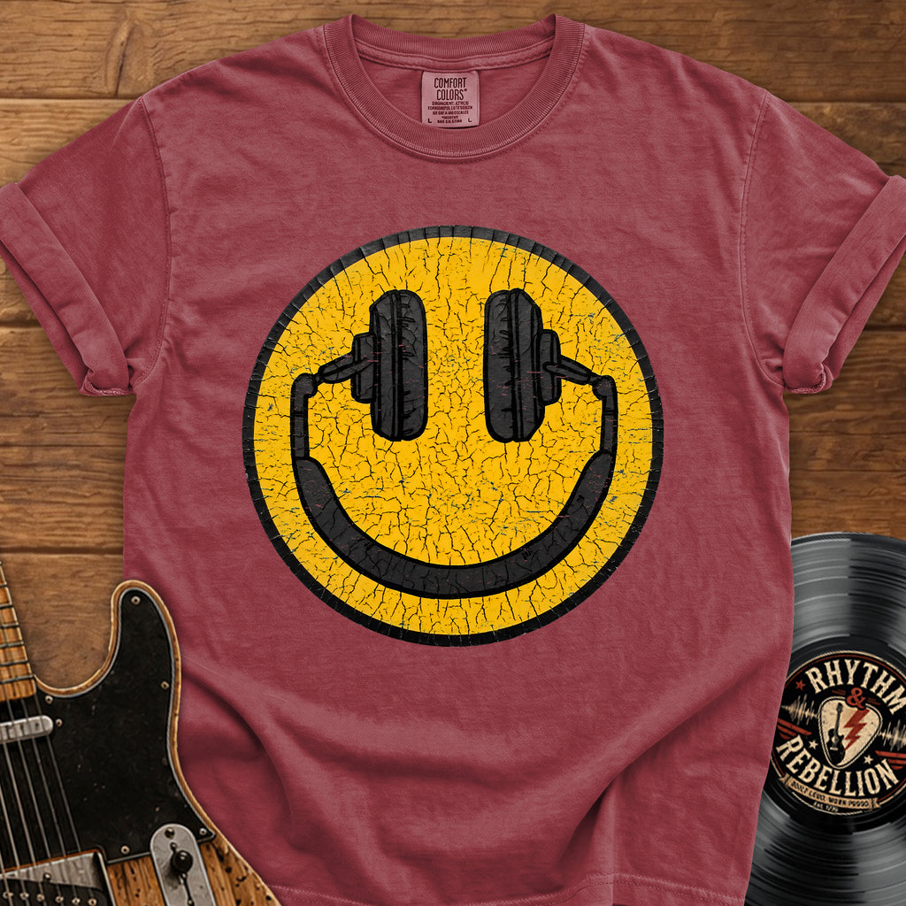 Smiley Headphones T-Shirt — Vintage Cracked Yellow DJ Smile Tee