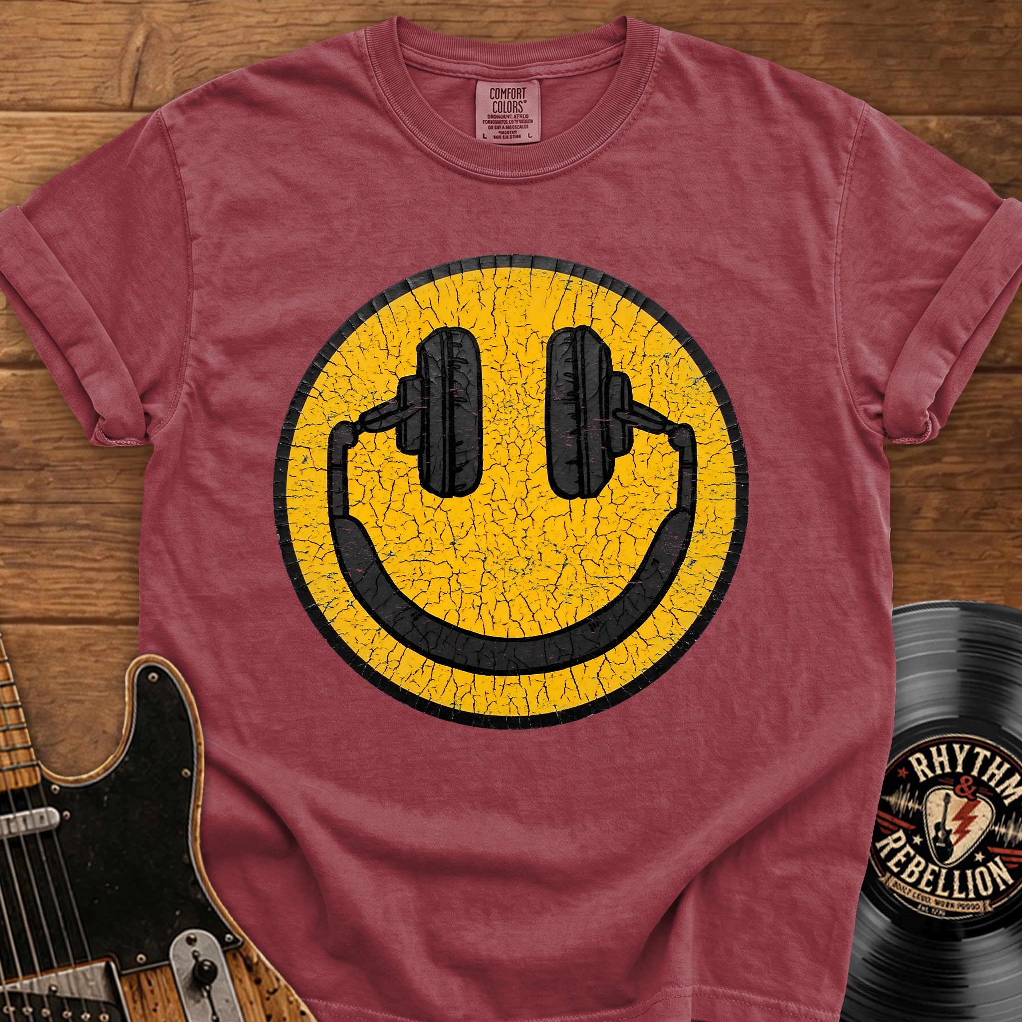 Smiley Headphones T-Shirt — Vintage Cracked Yellow DJ Smile Tee