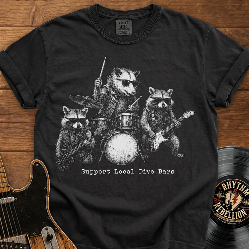 Support Local Dive Bars Raccoon Band T-Shirt