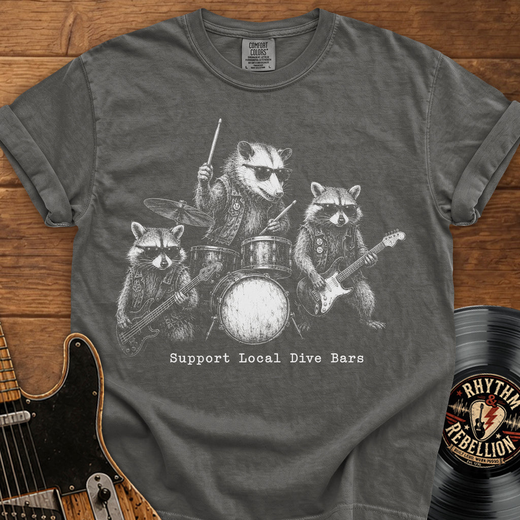 Support Local Dive Bars Raccoon Band T-Shirt