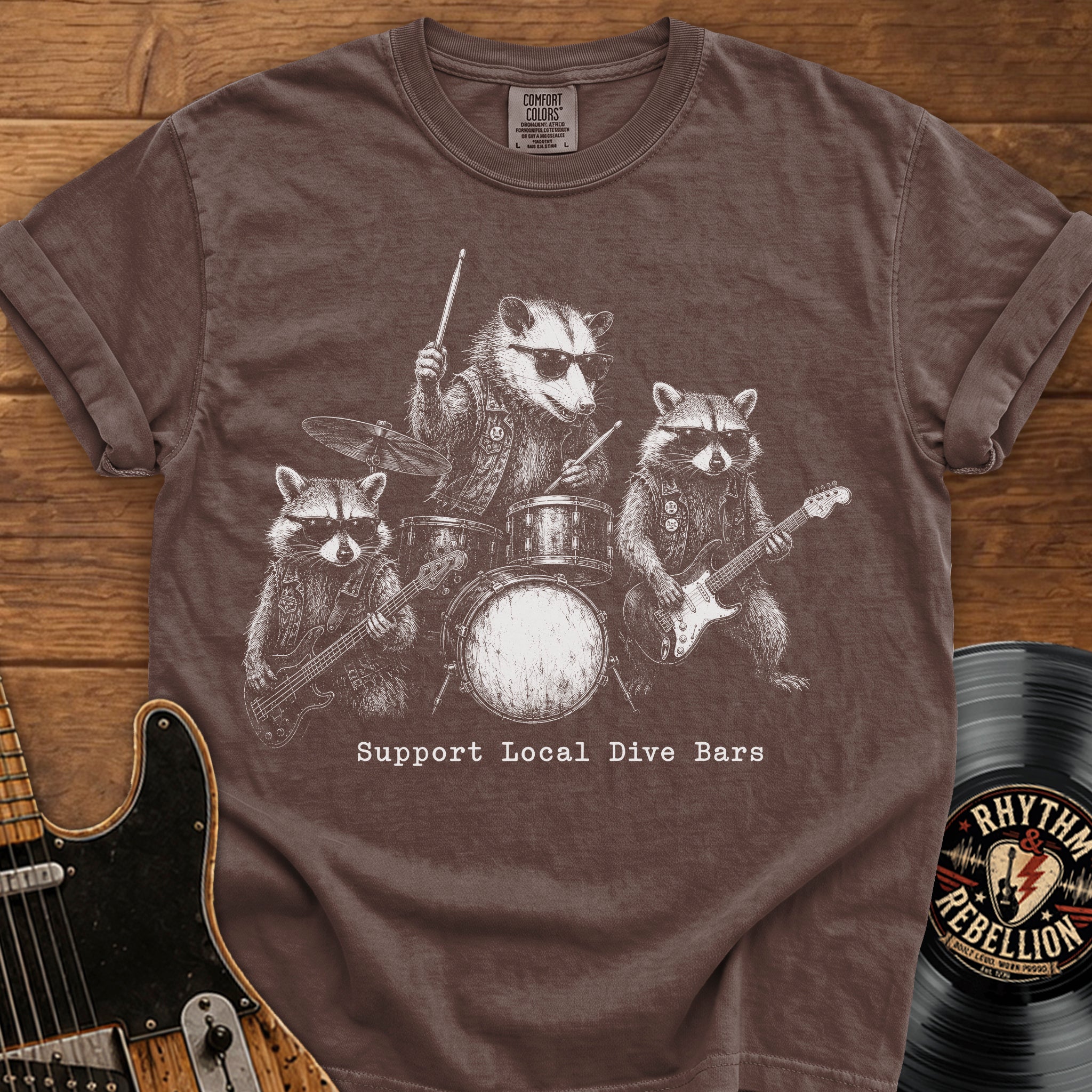 Support Local Dive Bars Raccoon Band T-Shirt