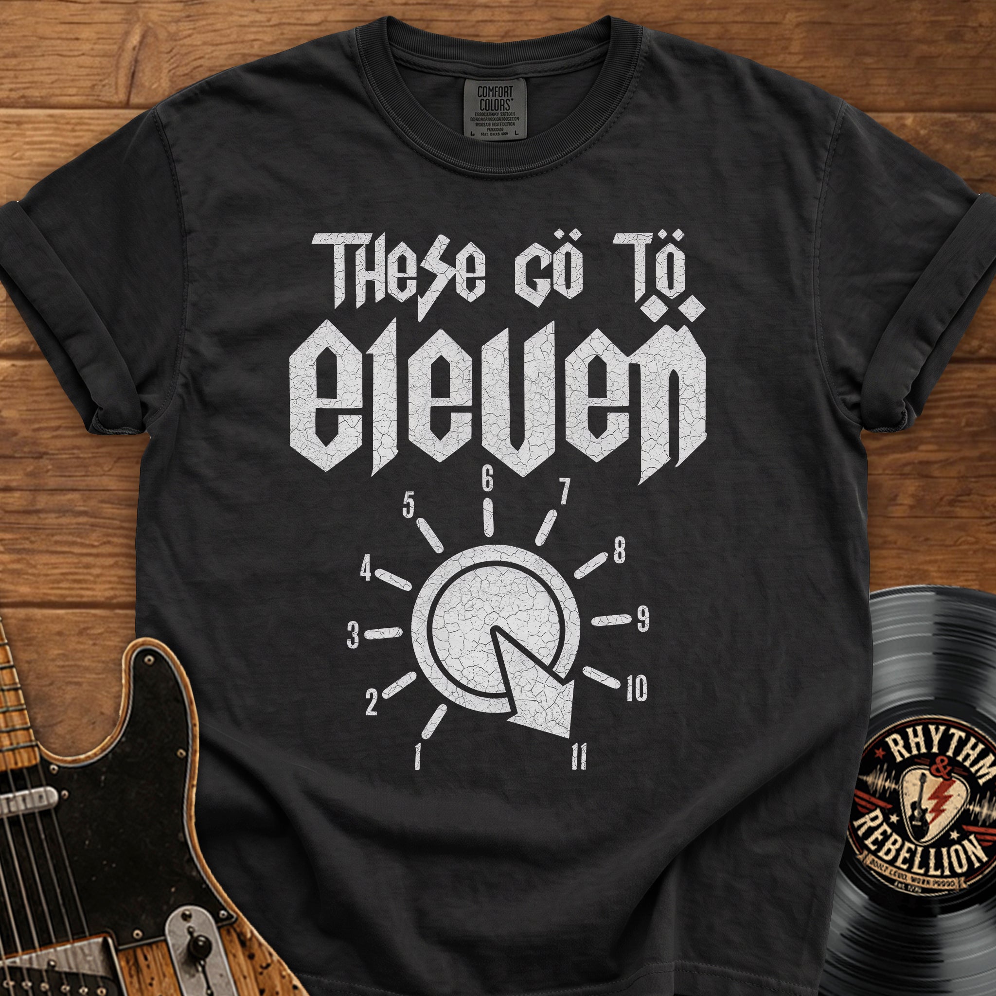 Vintage Rock T-Shirt — "These Go To Eleven" Amp Dial Graphic