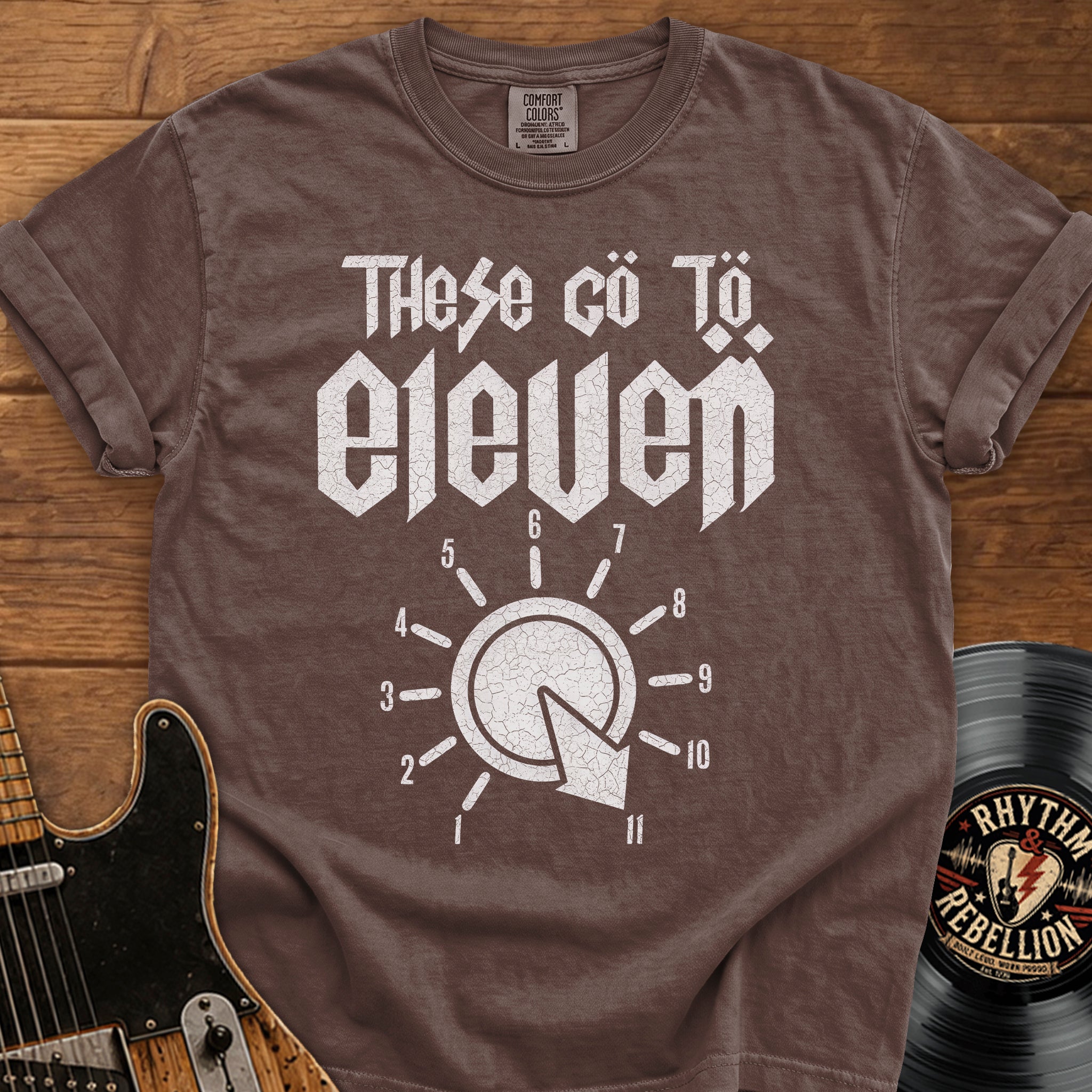Vintage Rock T-Shirt — "These Go To Eleven" Amp Dial Graphic