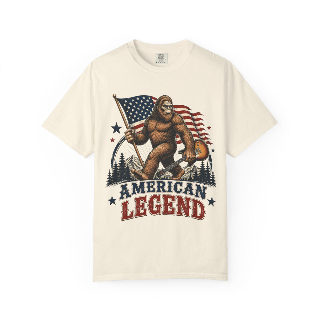 American Legend Bigfoot T-Shirt - Patriotic Sasquatch Tee with Flag