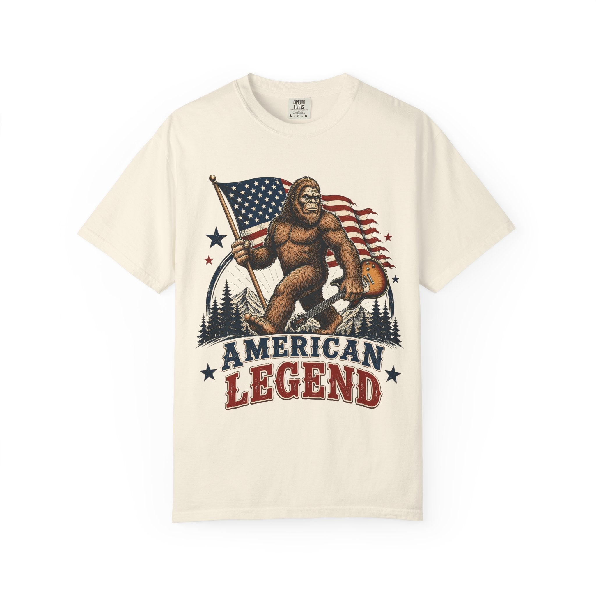 American Legend Bigfoot T-Shirt - Patriotic Sasquatch Tee with Flag