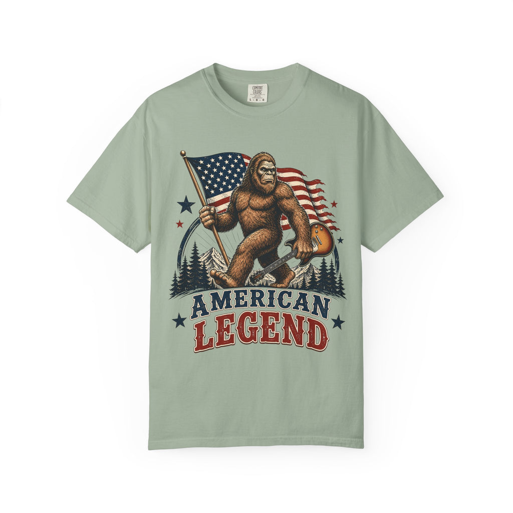American Legend Bigfoot T-Shirt - Patriotic Sasquatch Tee with Flag