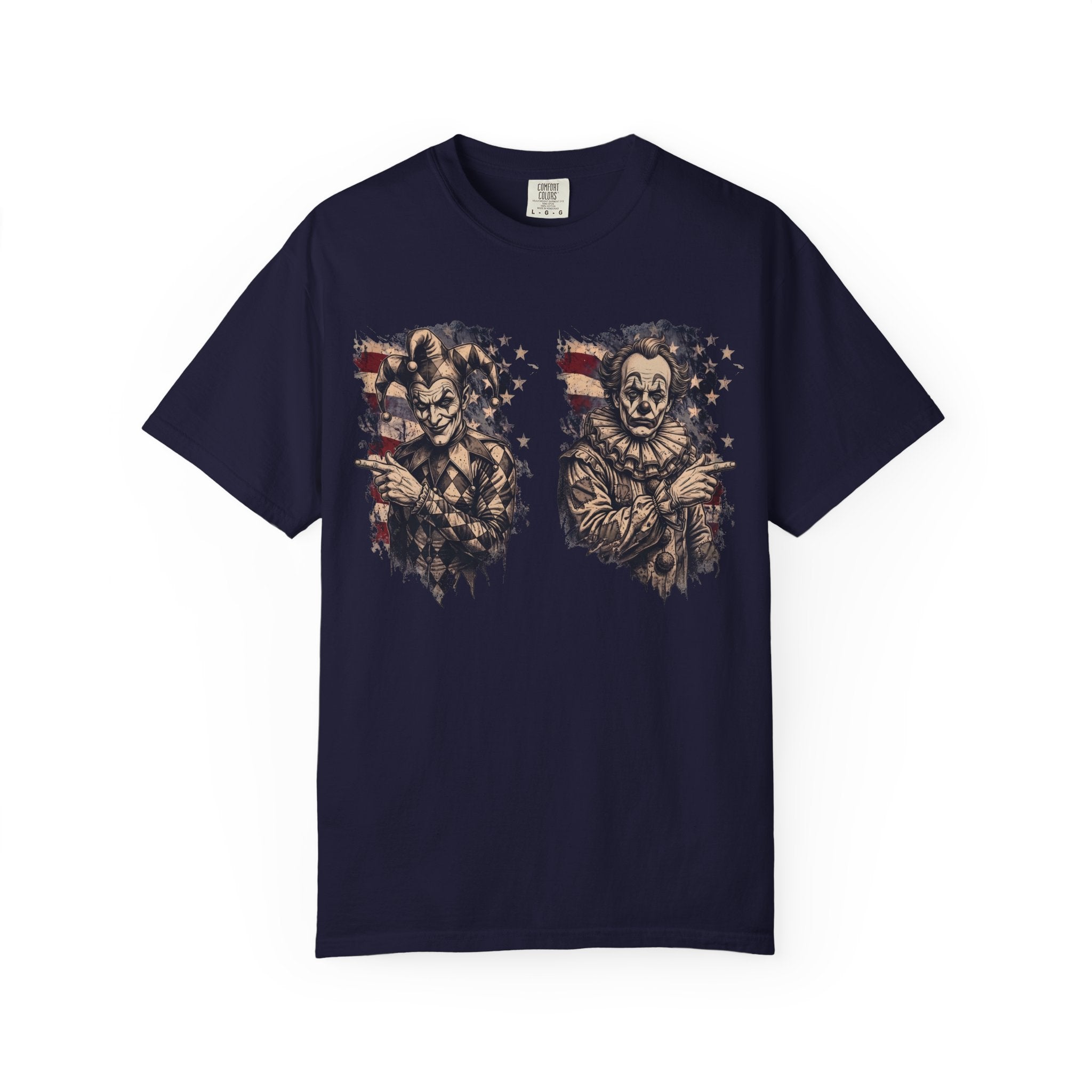 Creepy Clown Duo T‑Shirt — Vintage American Flag Horror Tee