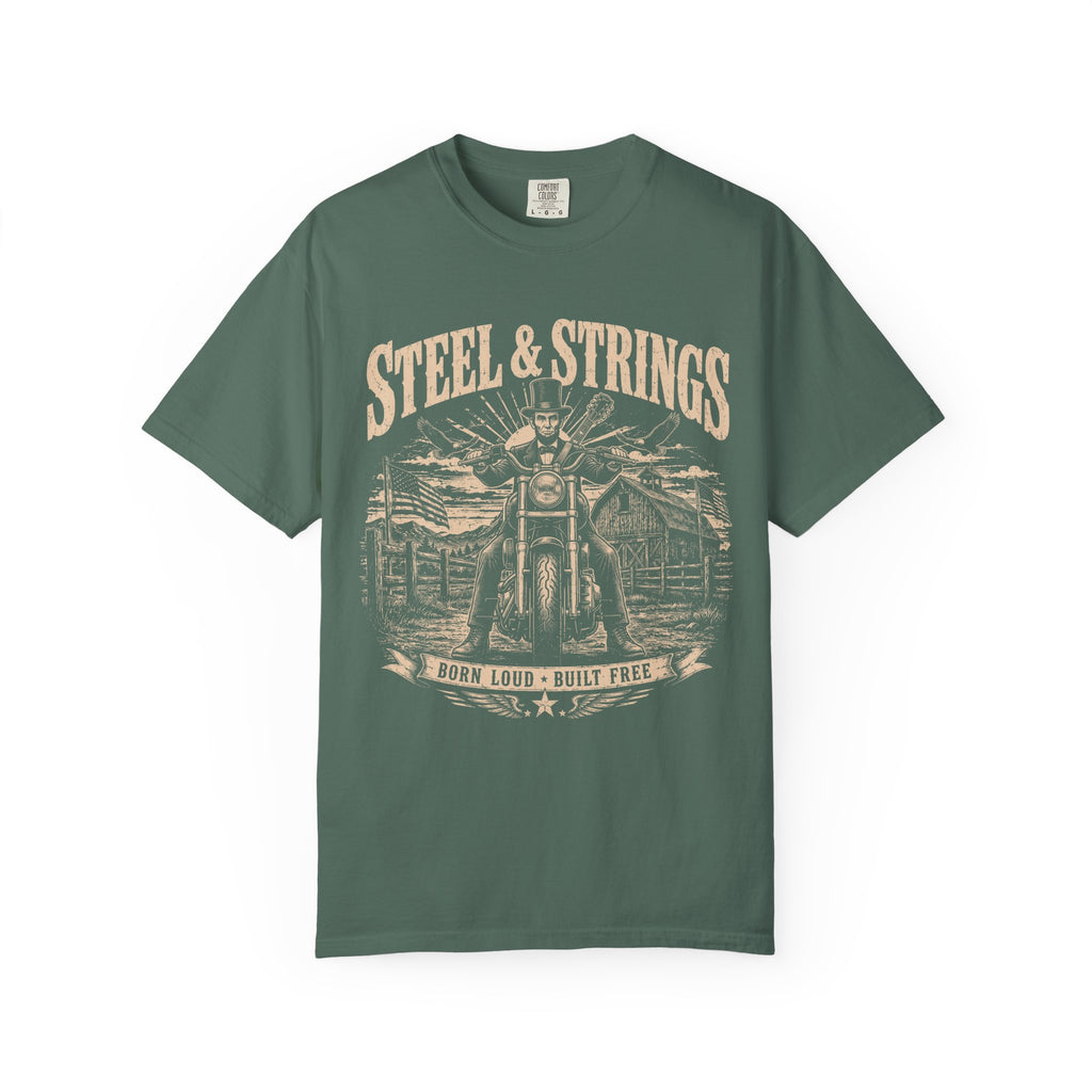 Steel & Strings Motorcycle T-Shirt — Born Loud, Built Free Vintage Biker Tee