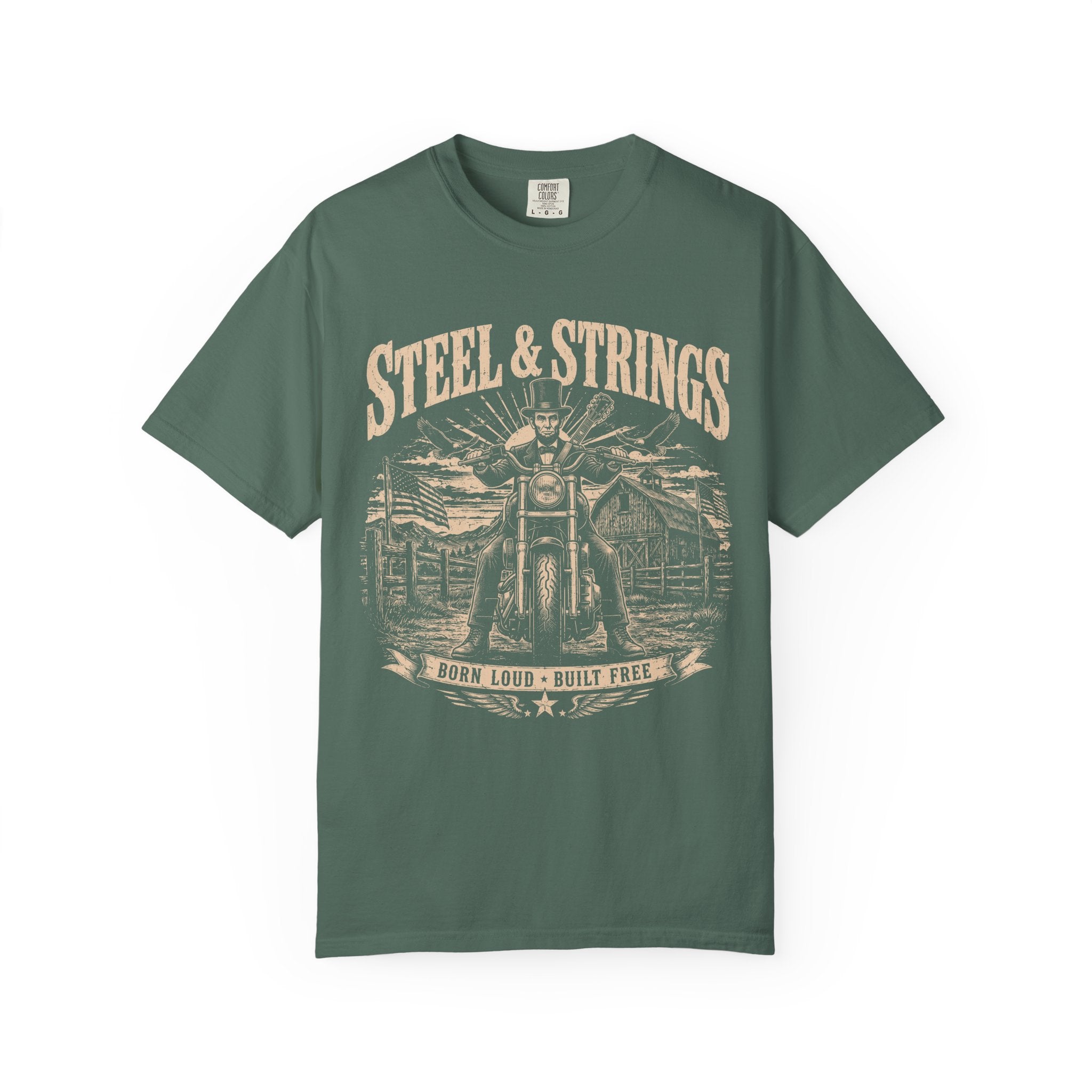 Steel & Strings Motorcycle T-Shirt — Born Loud, Built Free Vintage Biker Tee