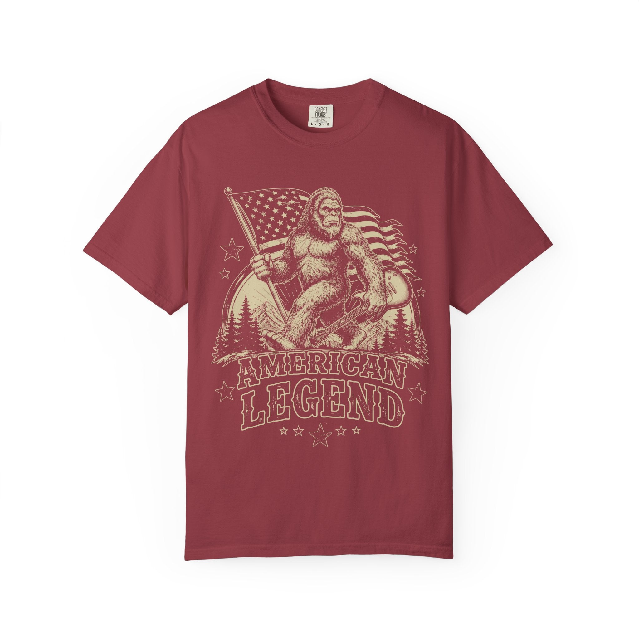 T-Shirt — 'American Legend' Bigfoot Holding U.S. Flag Vintage Graphic