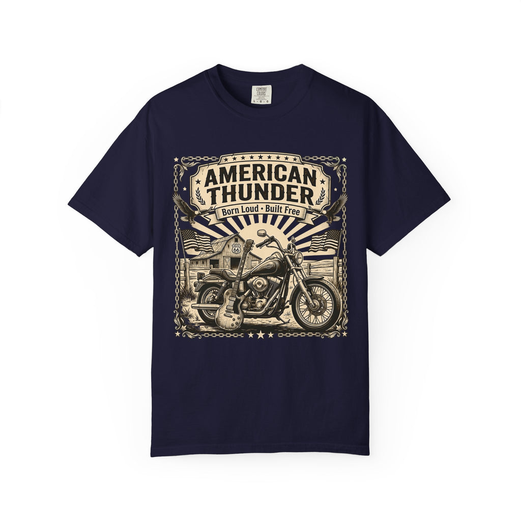 American Thunder Motorcycle T-Shirt — Born Loud, Built Free Vintage Biker Tee