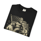 T-Shirt — 'American Legend' Bigfoot Holding U.S. Flag Vintage Graphic