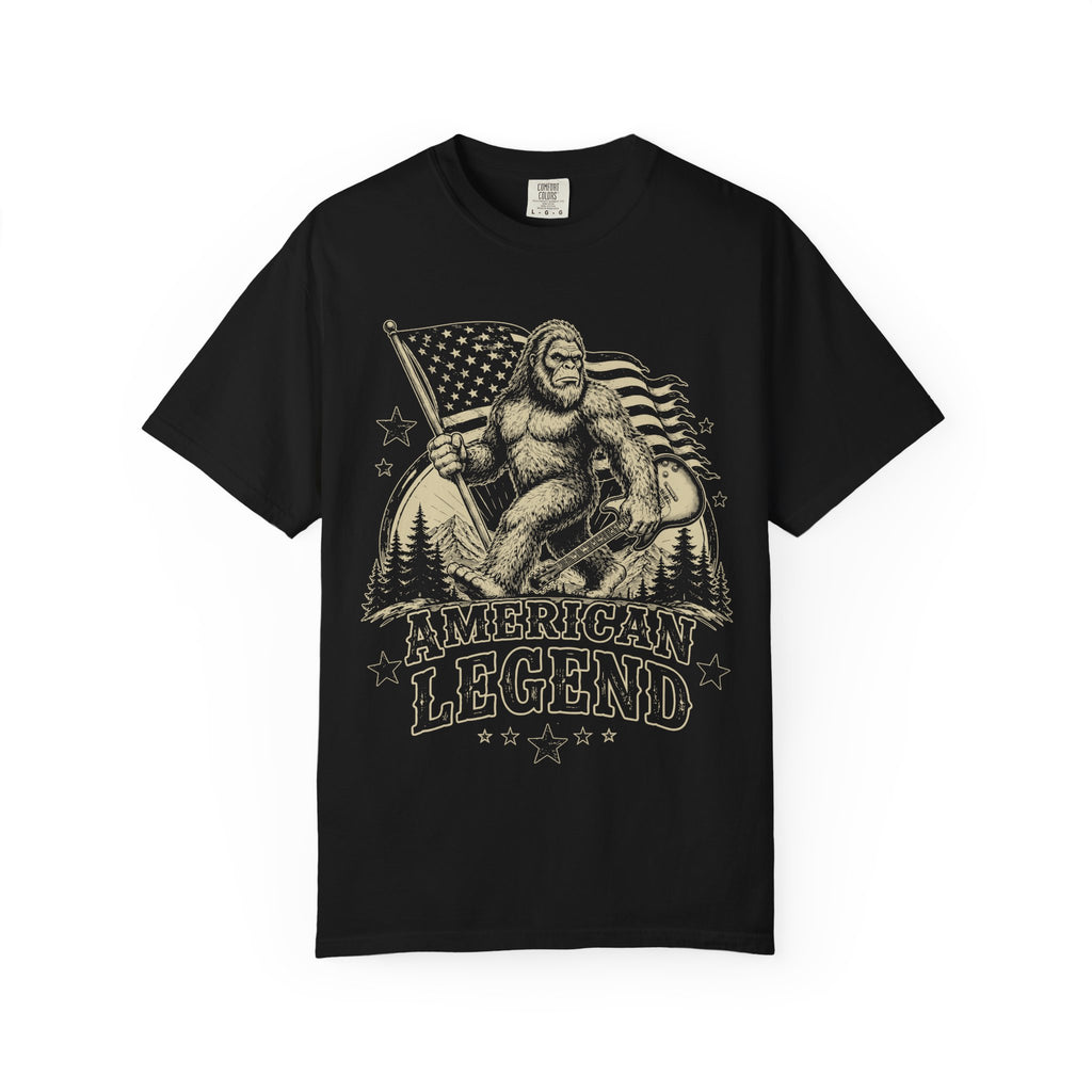 T-Shirt — 'American Legend' Bigfoot Holding U.S. Flag Vintage Graphic