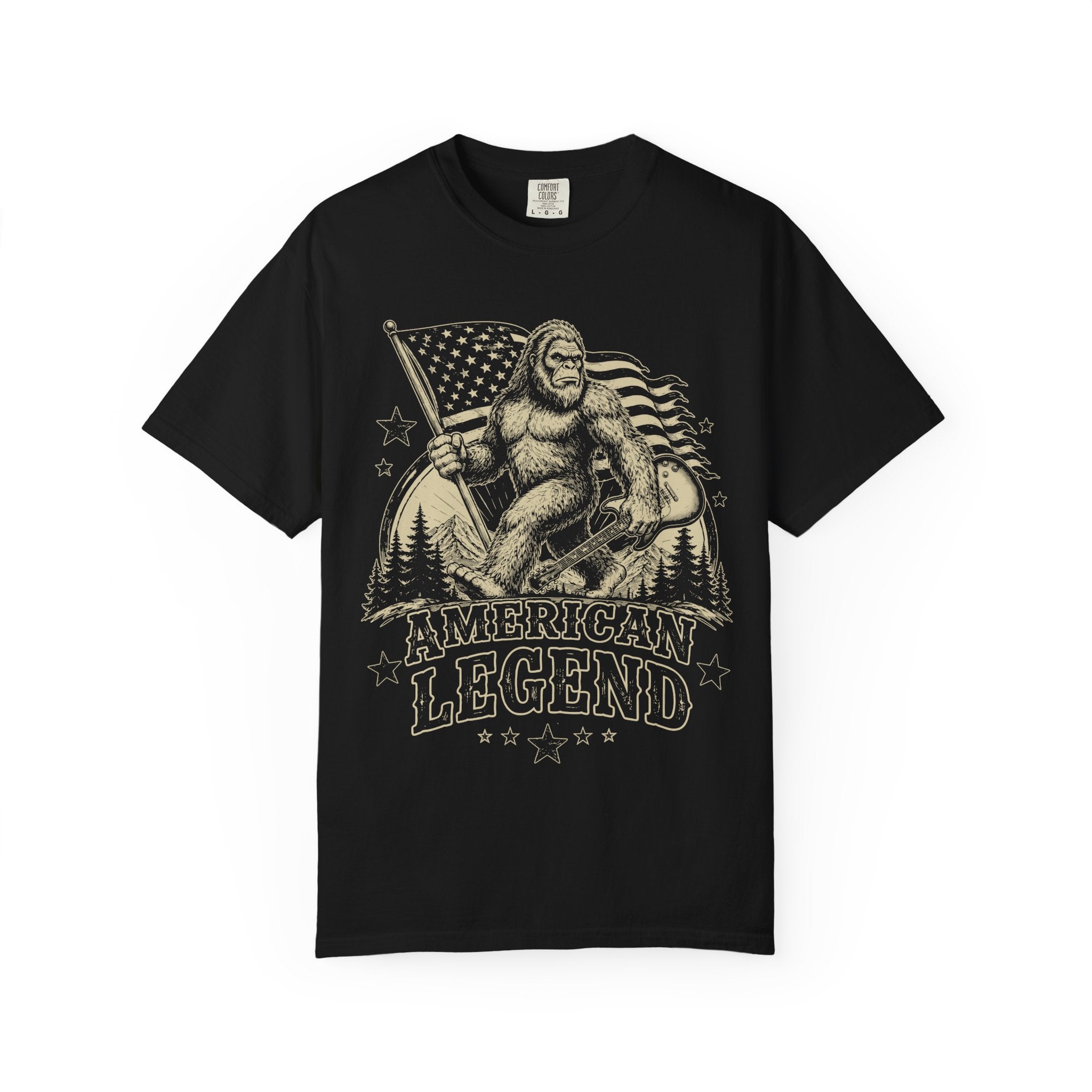 T-Shirt — 'American Legend' Bigfoot Holding U.S. Flag Vintage Graphic