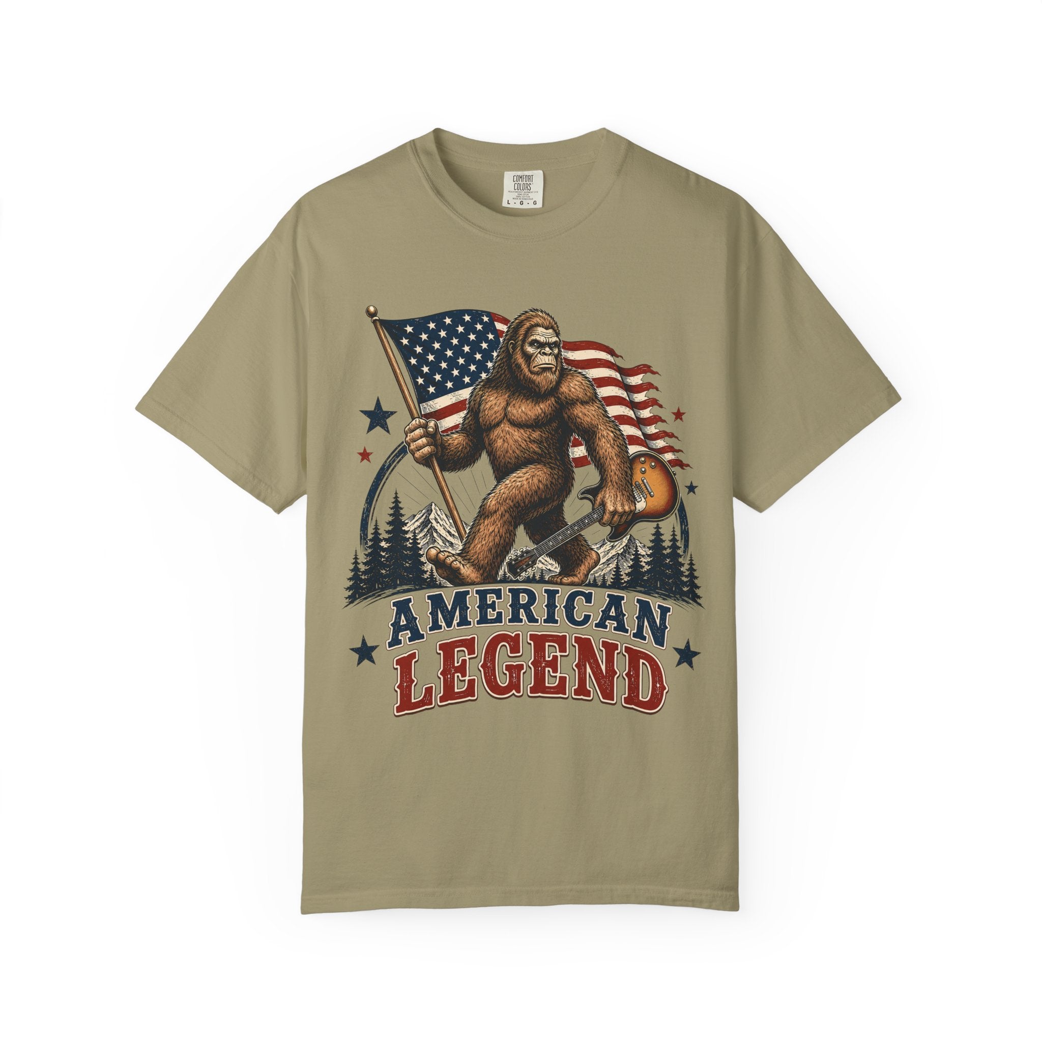 American Legend Bigfoot T-Shirt - Patriotic Sasquatch Tee with Flag
