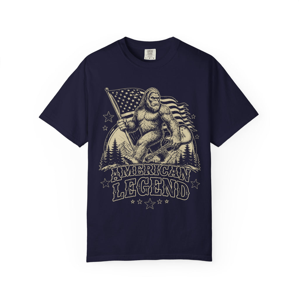 T-Shirt — 'American Legend' Bigfoot Holding U.S. Flag Vintage Graphic
