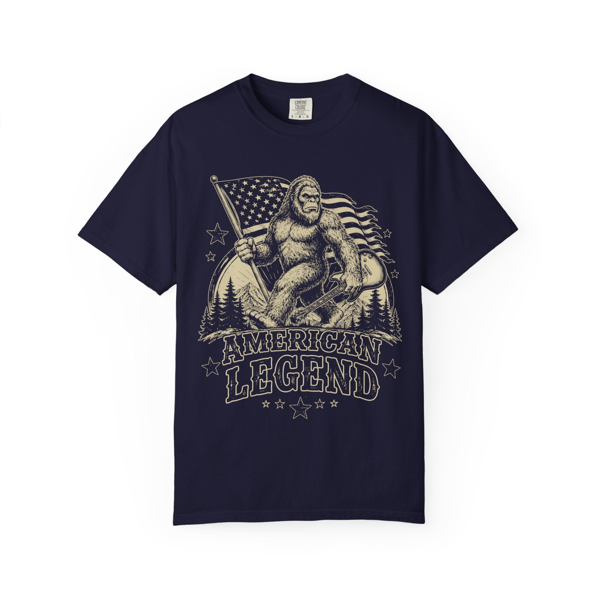 T-Shirt — 'American Legend' Bigfoot Holding U.S. Flag Vintage Graphic