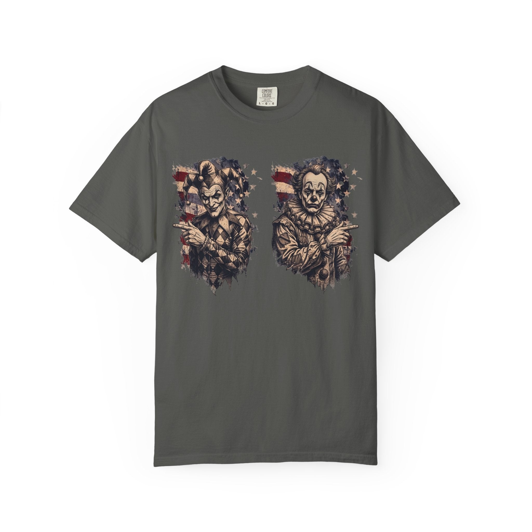 Creepy Clown Duo T‑Shirt — Vintage American Flag Horror Tee